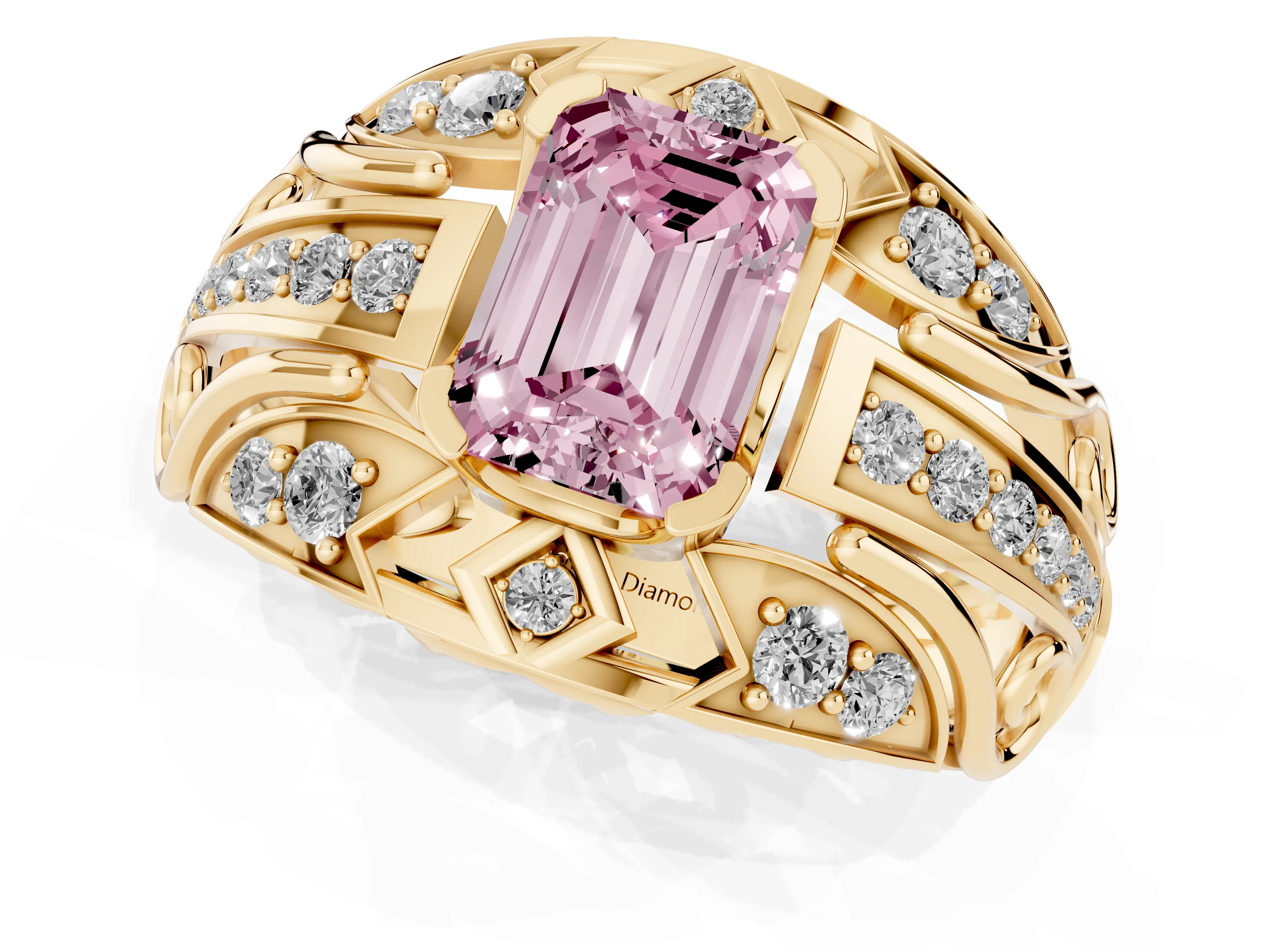 Fancy Pink Emerald Cut Diamond Art Deco Ring Set in Yellow gold with Pavé Split Shank
