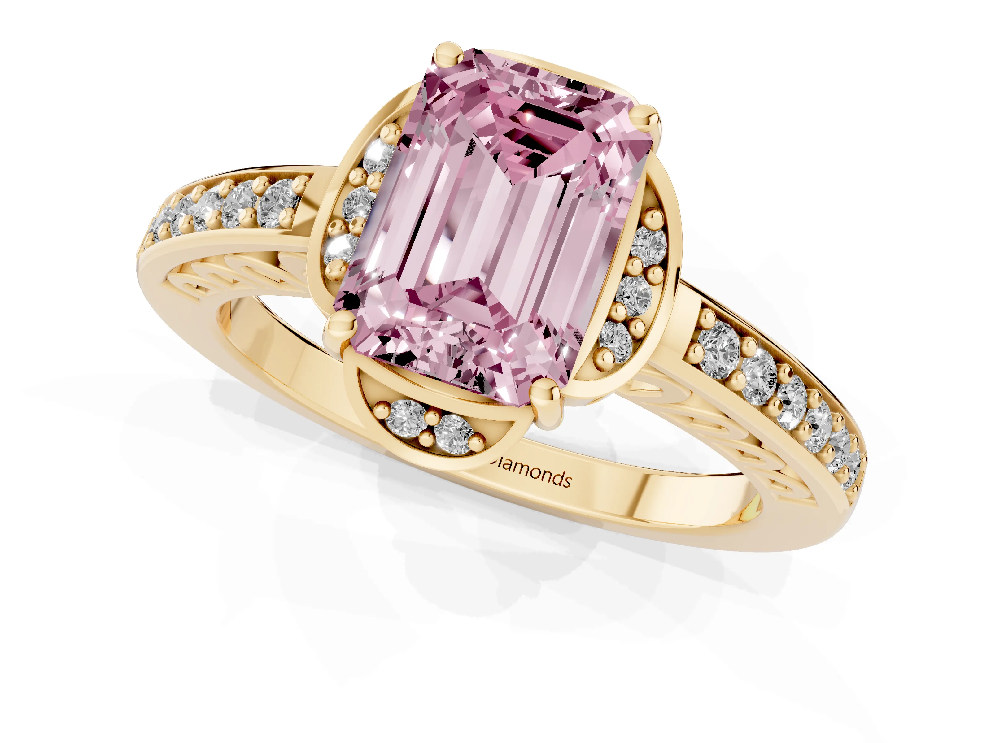 Fancy Pink Emerald Cut Diamond Halo Ring Set in Yellow gold with Channel Set Band and Prong Setting