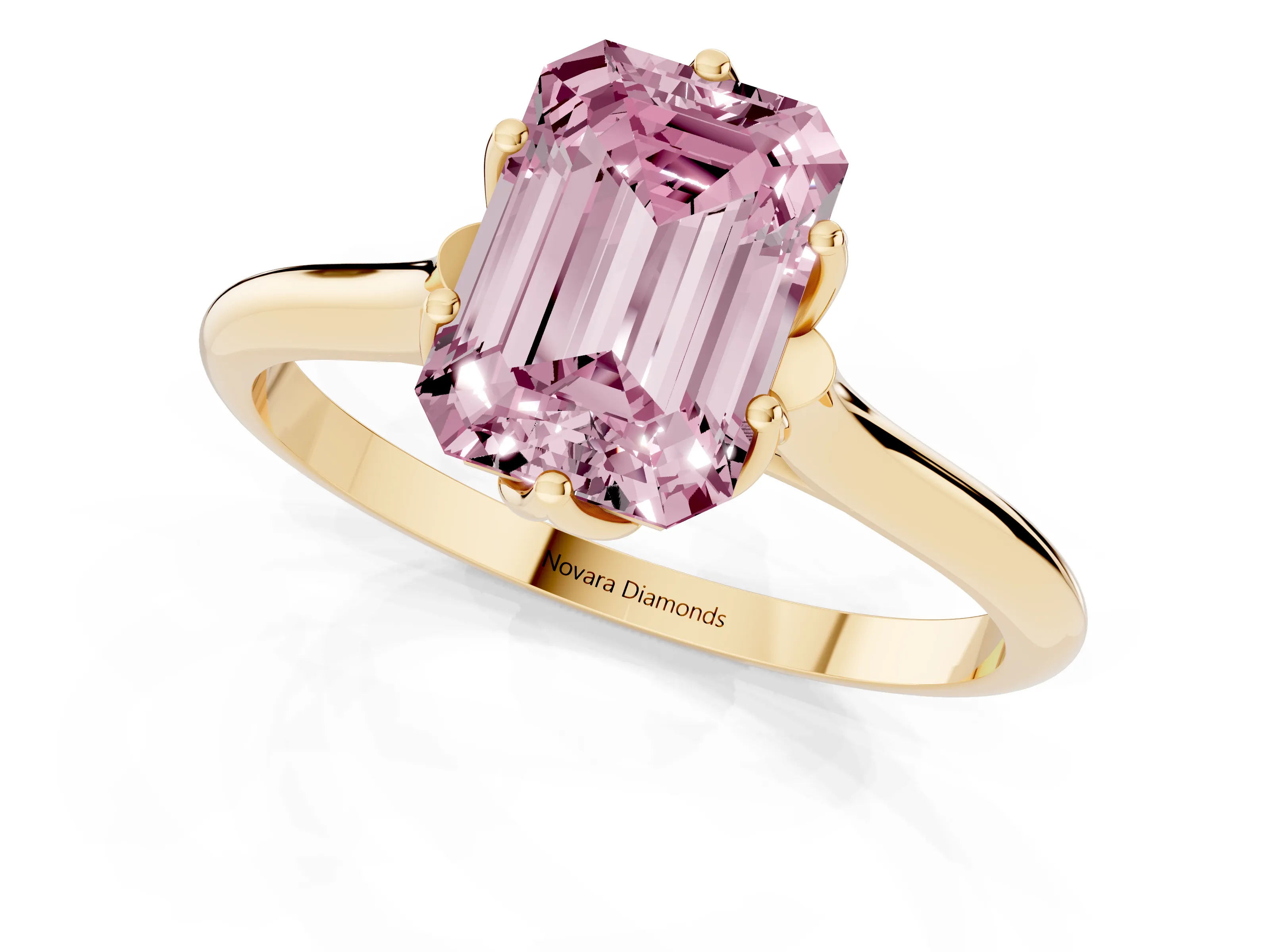 Fancy Pink Emerald Cut Diamond Solitaire Cathedral Ring Set in Yellow gold with Prong Setting