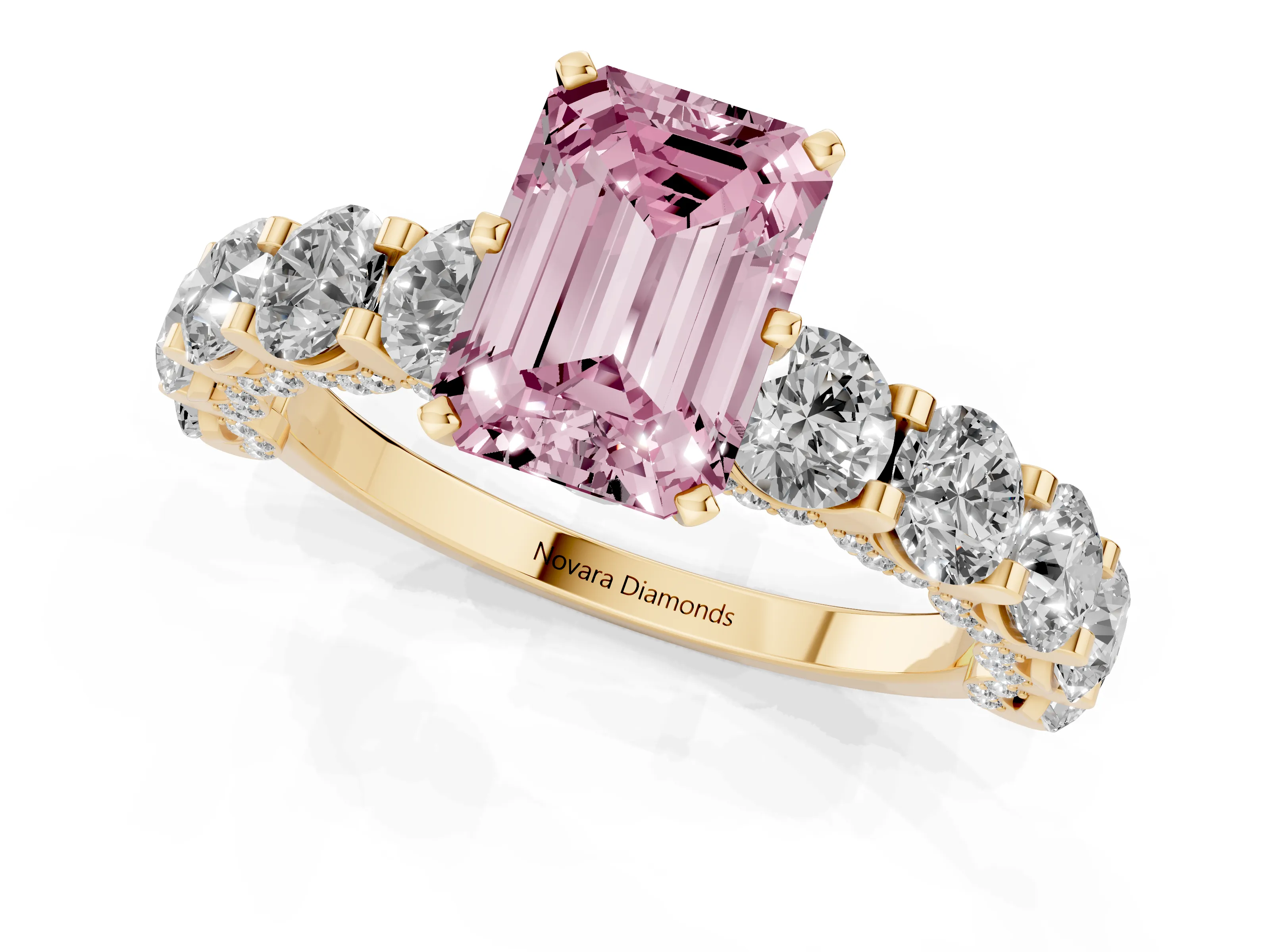 Fancy Pink Emerald Cut Diamond Side Stone Ring Set in Yellow gold with Alternating Round and Oval Side Stones