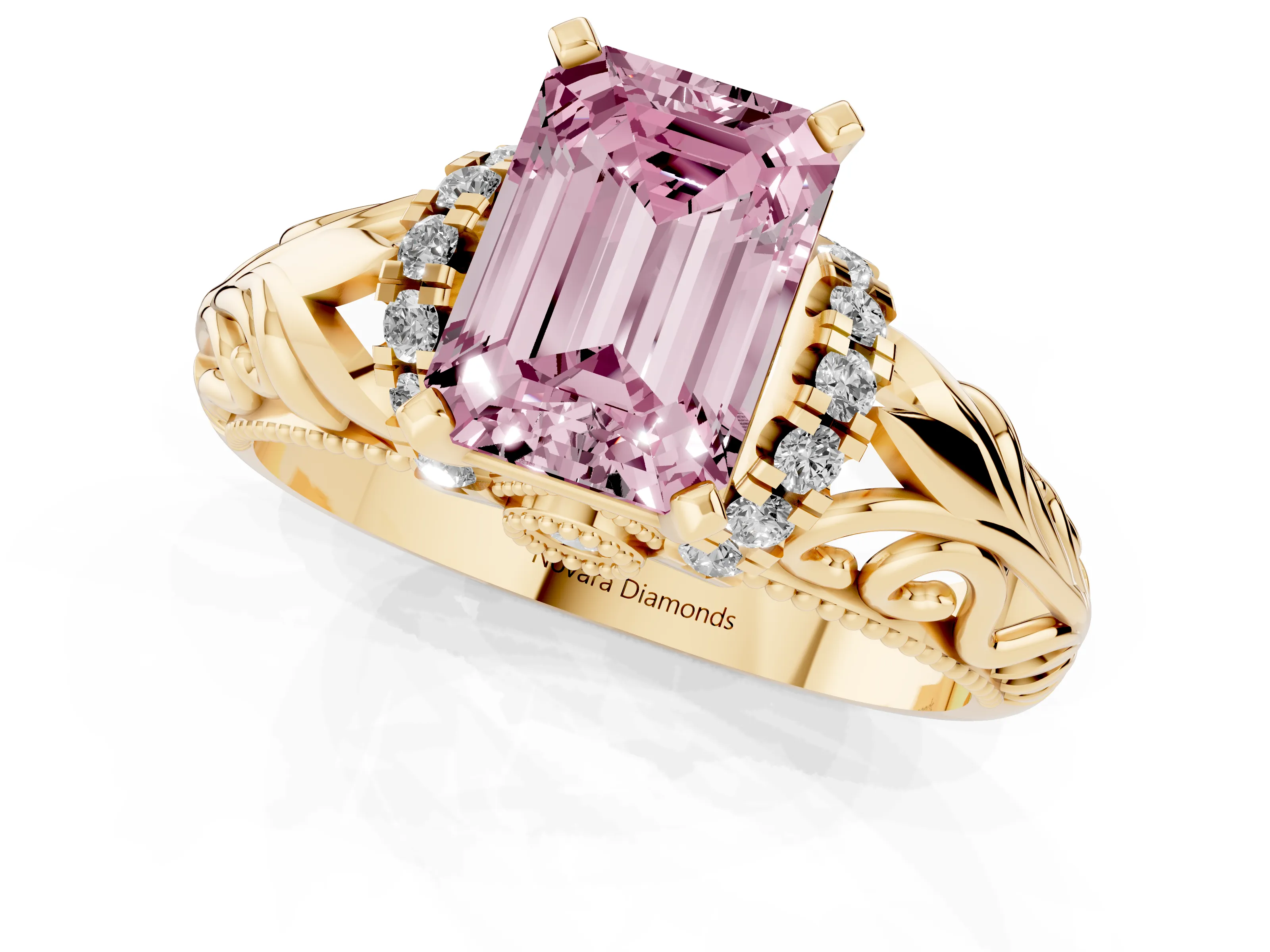 Fancy Pink Emerald Cut Diamond Filigree Halo Engagement Ring Set in Yellow gold with Prong Setting