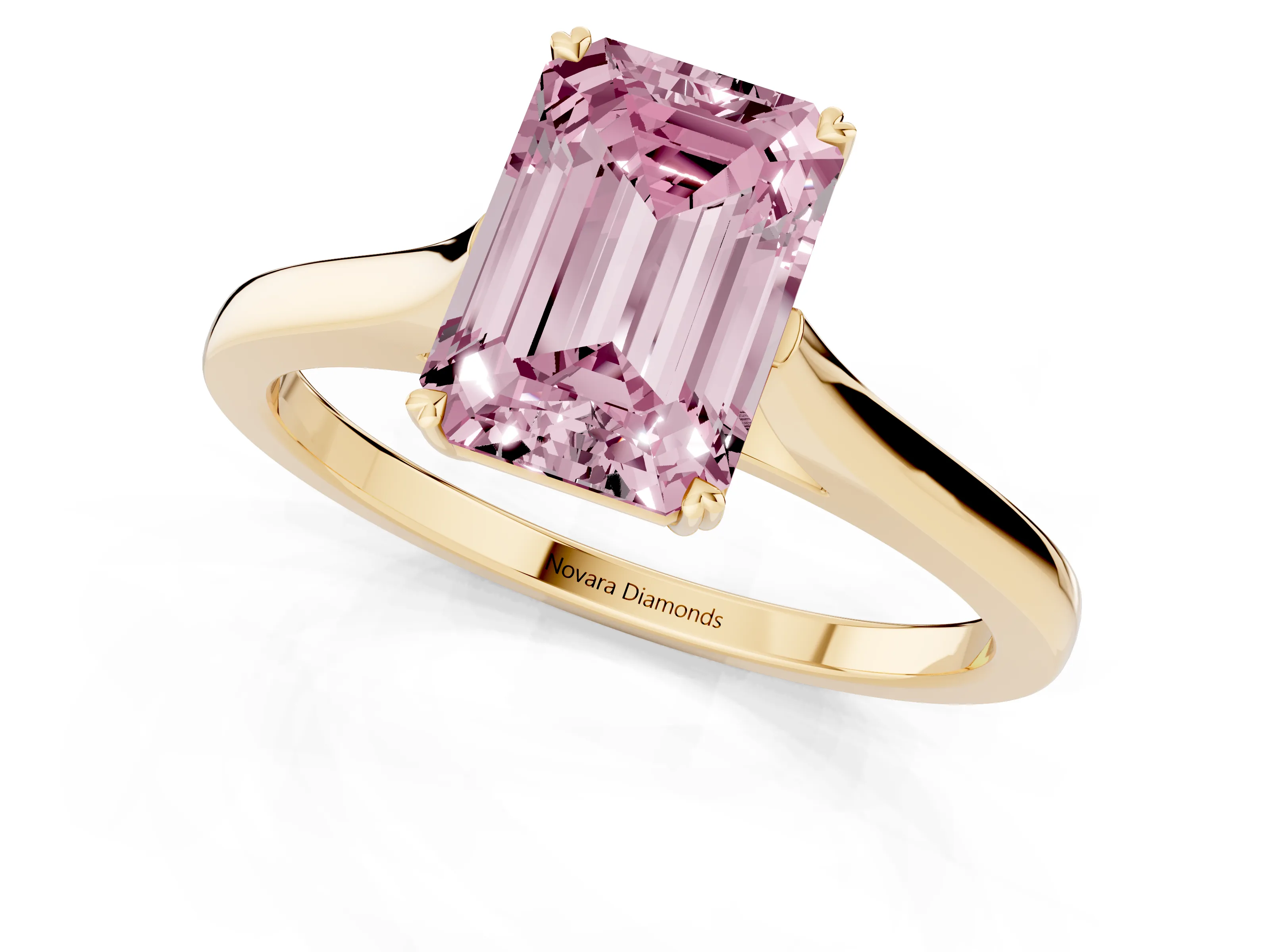 Fancy Pink Emerald Cut Diamond Solitaire Heart Prong Engagement Ring Set in Yellow gold with Tapered Band