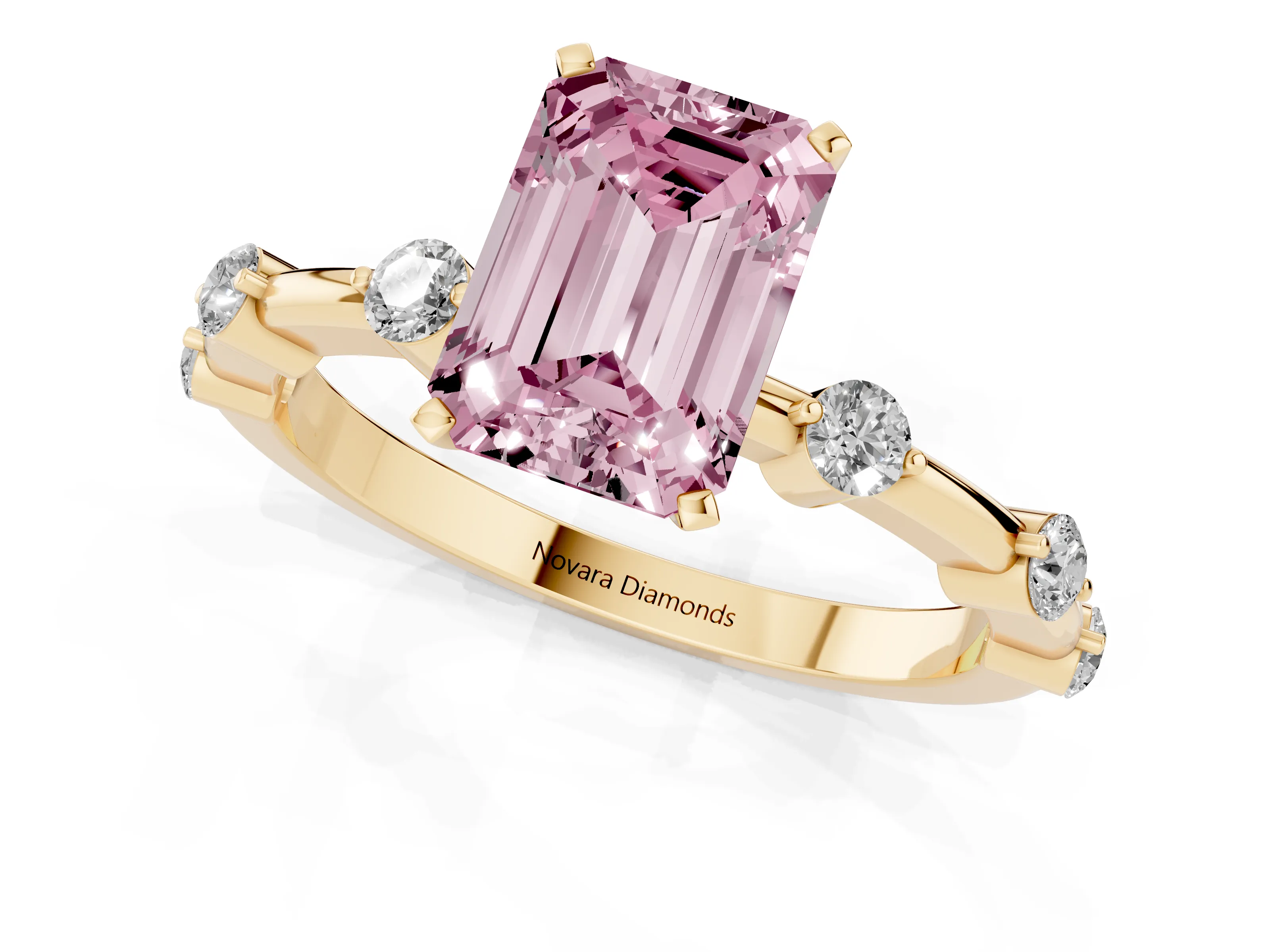 Fancy Pink Emerald Cut Diamond Solitaire Ring Set in Yellow gold with Bezel Set Side Stones and Prong Setting