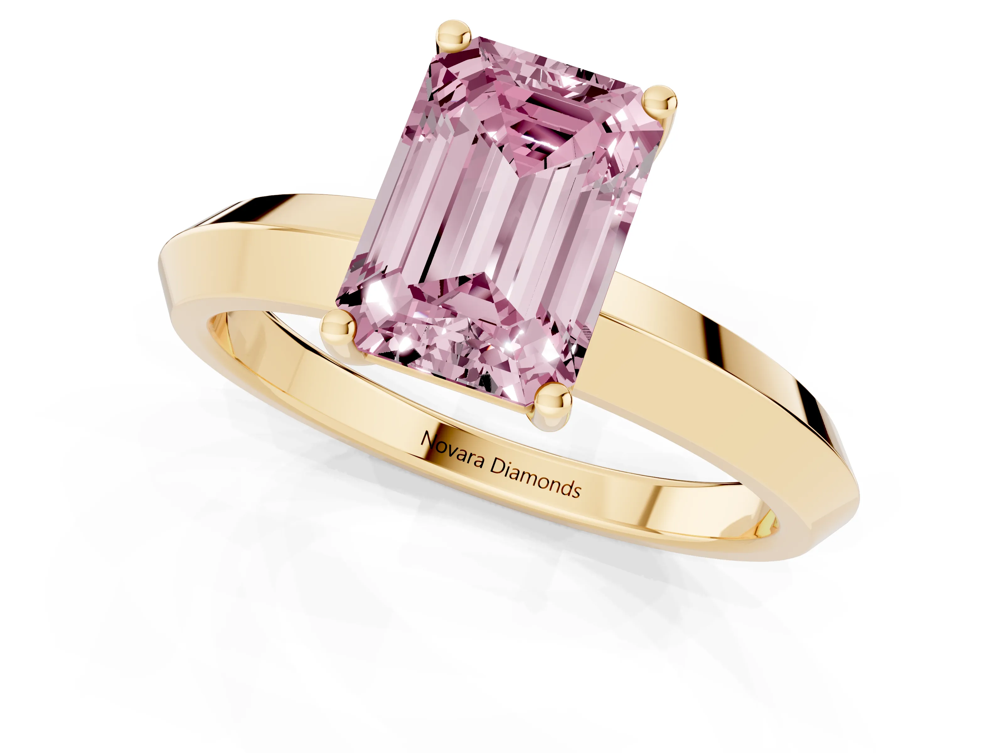 Fancy Pink Emerald Cut Diamond Solitaire Engagement Ring Set in Yellow gold with Flat Band and Prong Setting