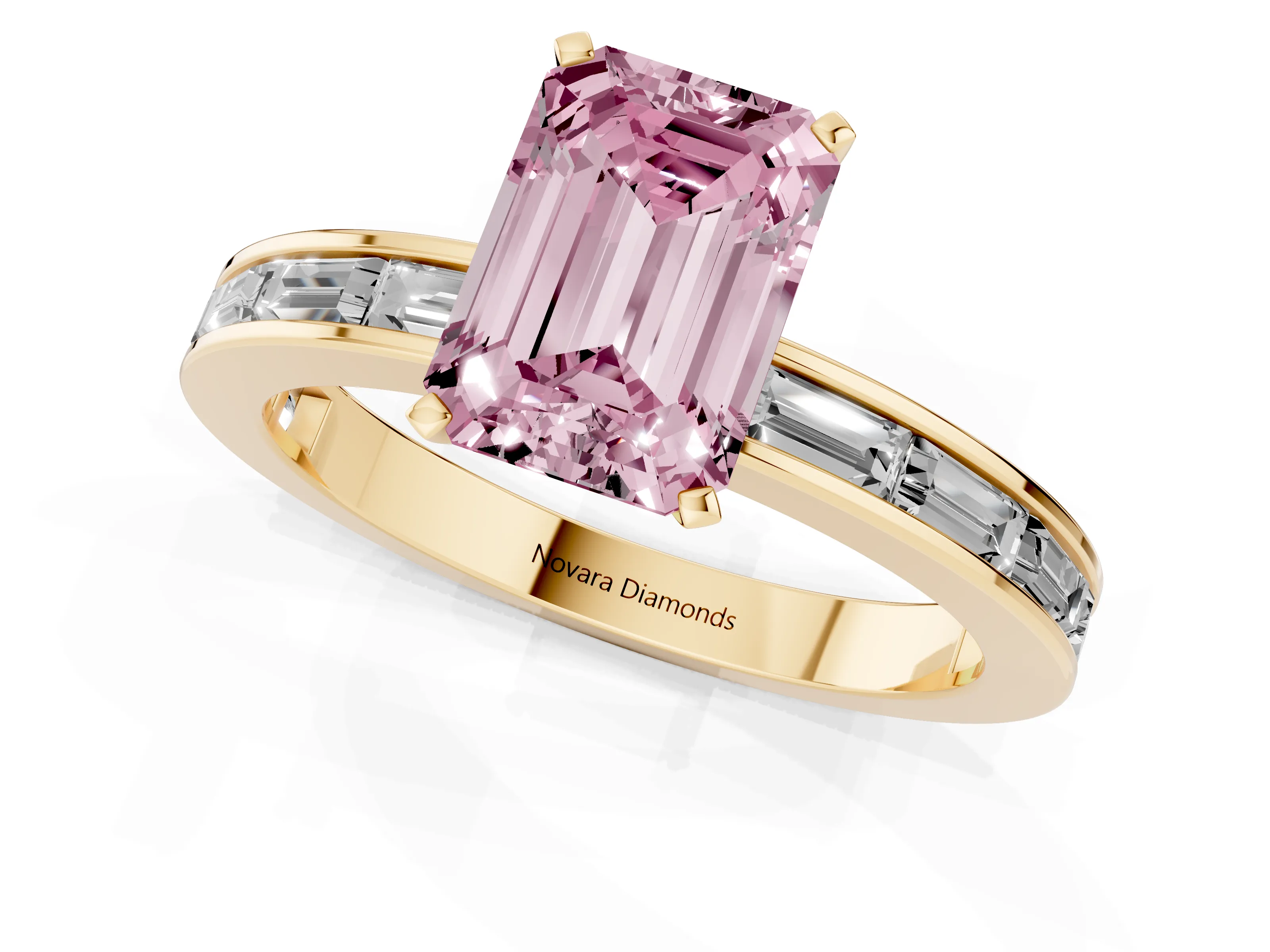 Fancy Pink Emerald Cut Diamond Solitaire Ring Set in Yellow gold with Channel-Set Baguette Band and Prong Setting