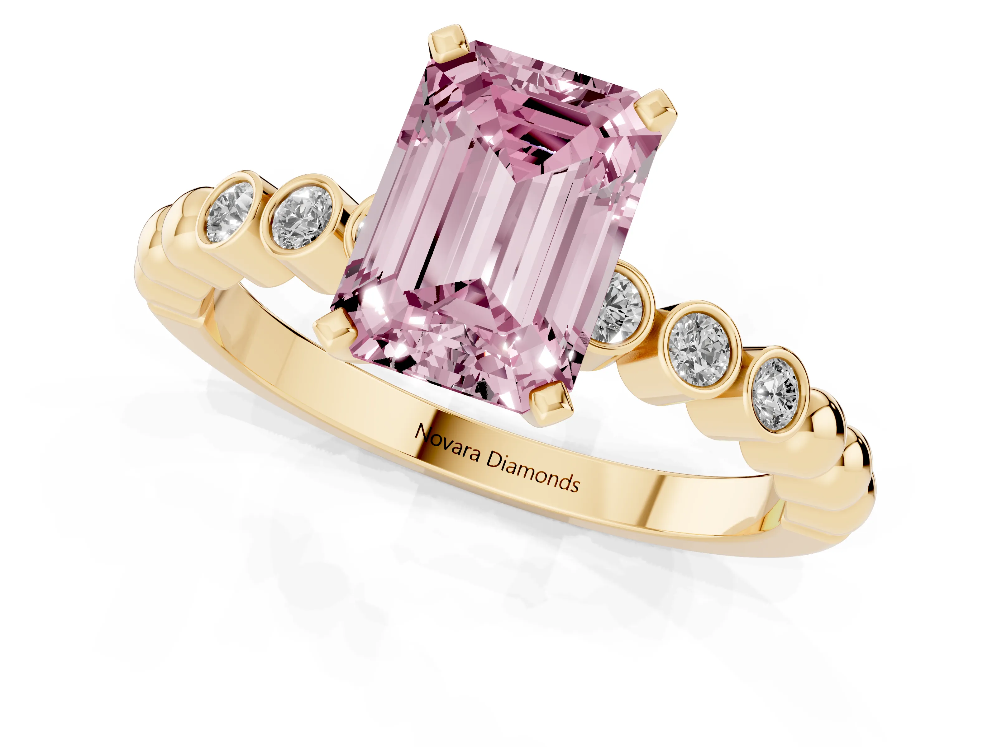 Fancy Pink Emerald Cut Diamond Solitaire Engagement Ring Set in Yellow gold with Bezel Accents on Beaded Band