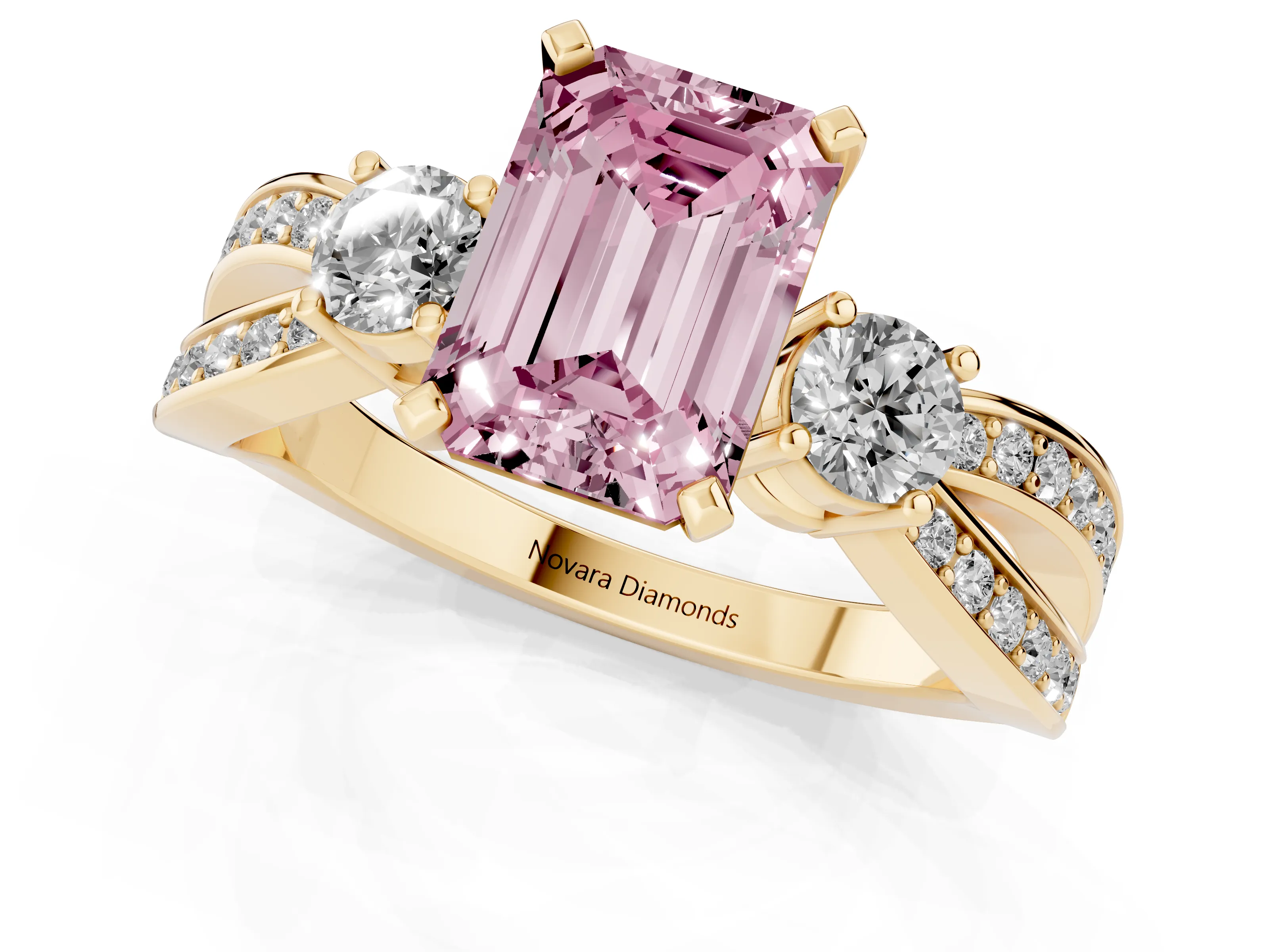 Fancy Pink Three-Stone Emerald Cut Diamond Twist Band Ring Set in Yellow gold with Pavé Accents and Prong Setting