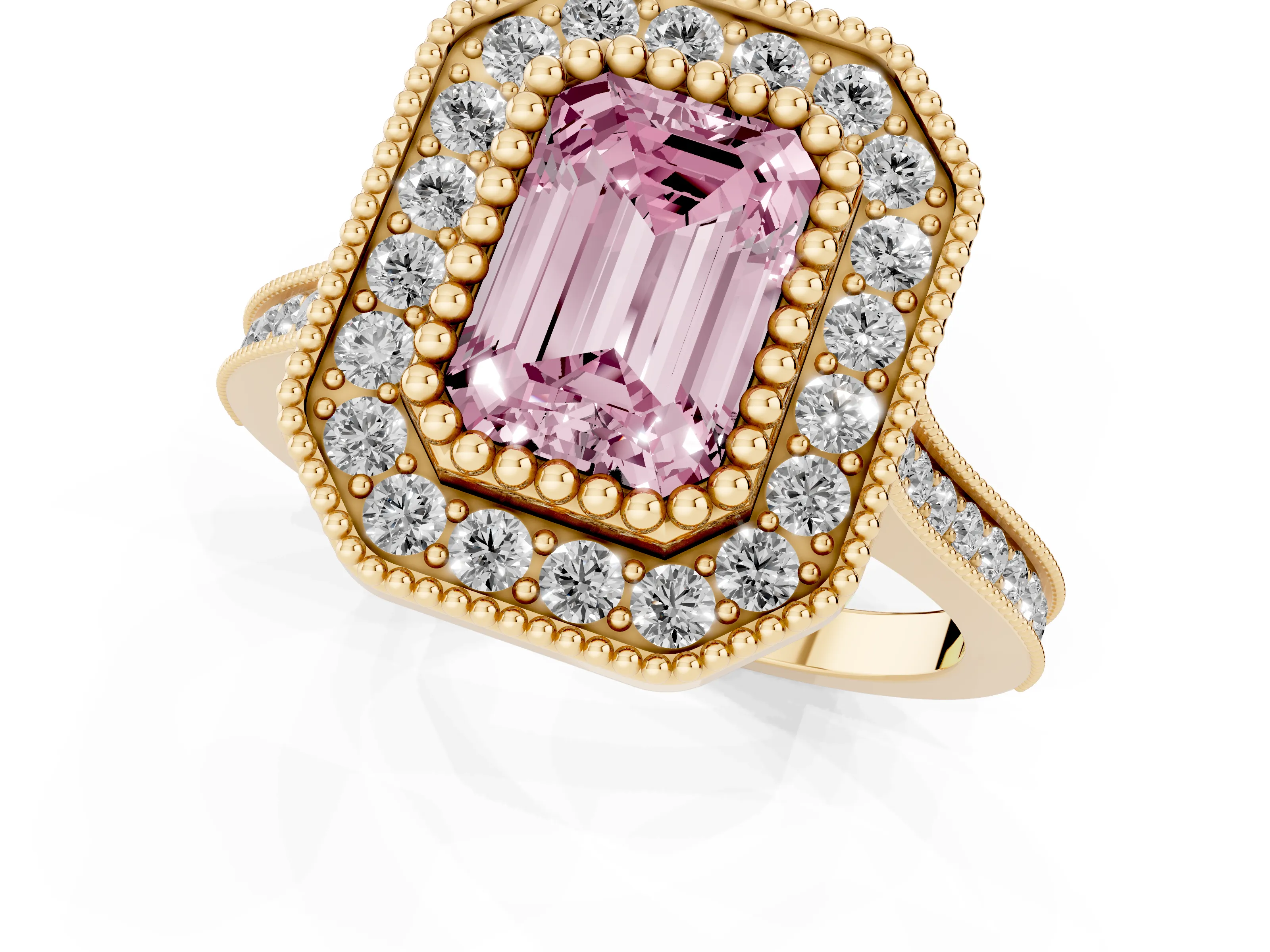 Fancy Pink Emerald Cut Diamond Halo Ring Set in Yellow gold with Milgrain Frame and Pavé Band