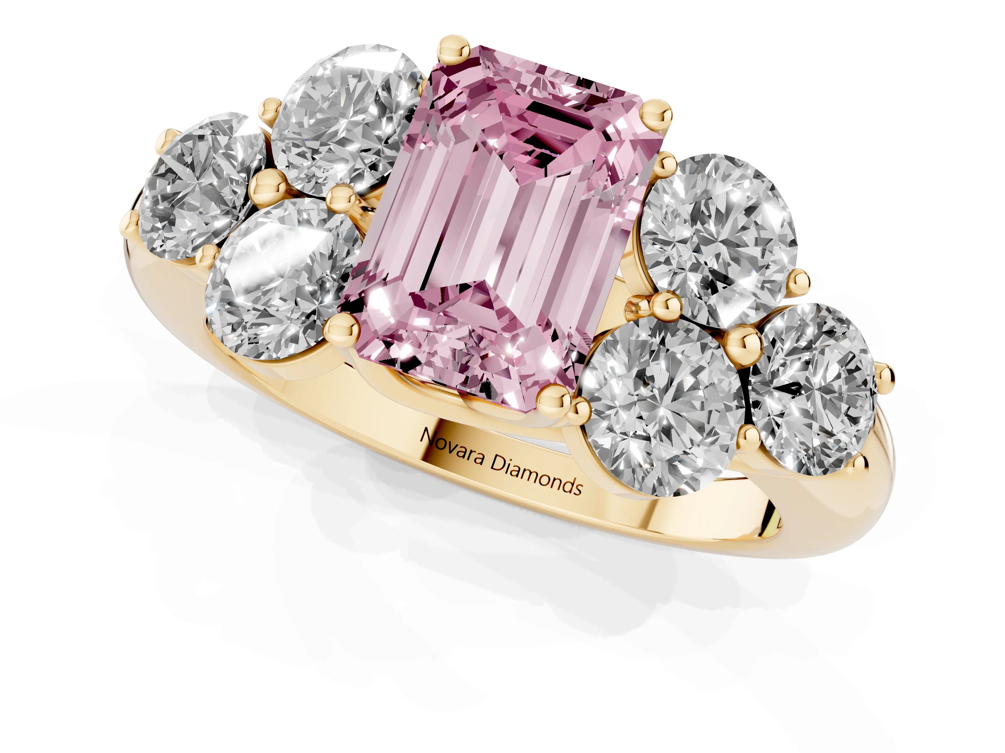 Fancy Pink Emerald Cut Diamond Cluster Ring Set in Yellow gold with Round Accent Stones and Prong Setting on a Plain Band