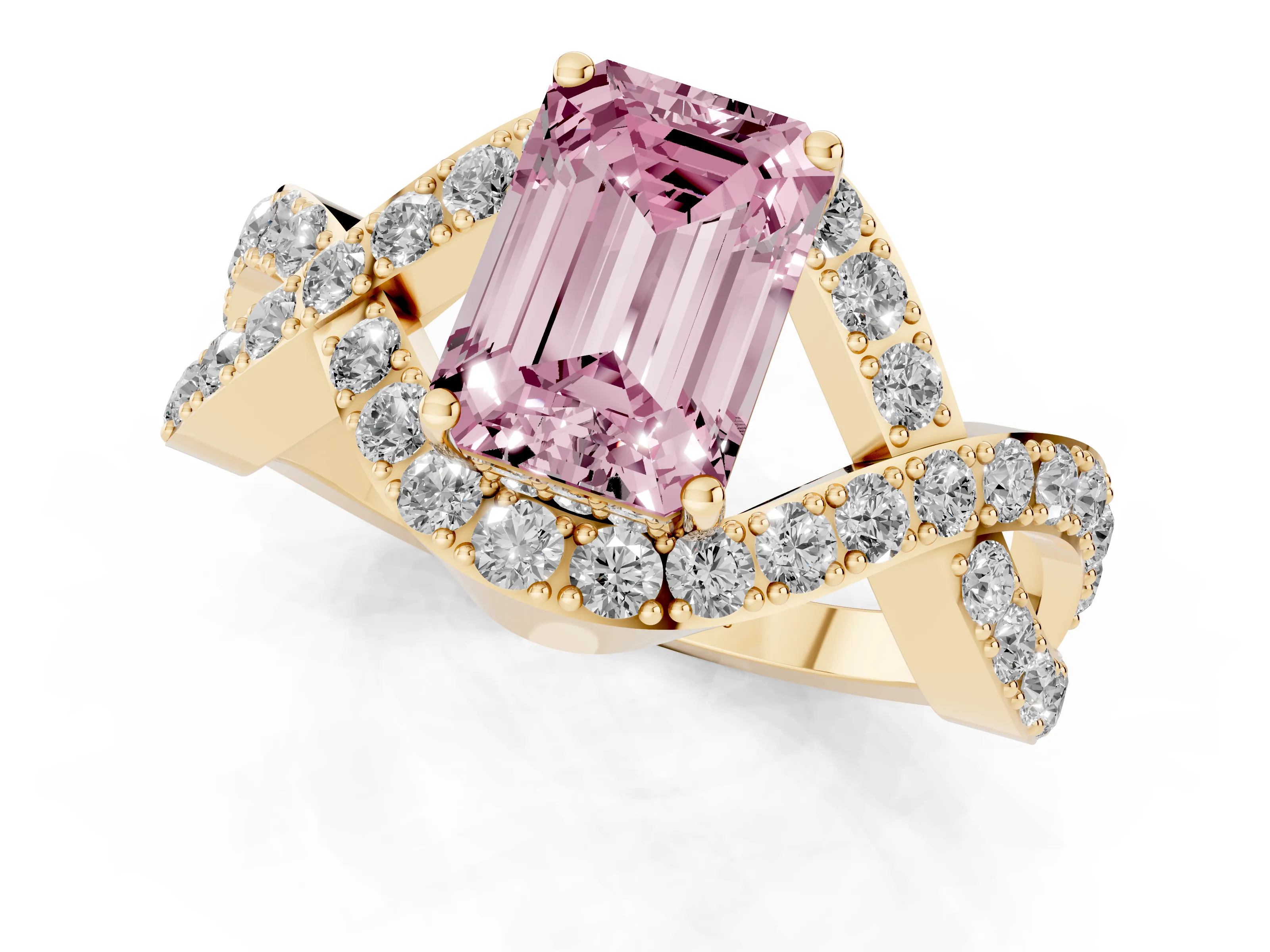 Fancy Pink Emerald Cut Diamond Solitaire Twist Band Pavé Engagement Ring Set in Yellow gold