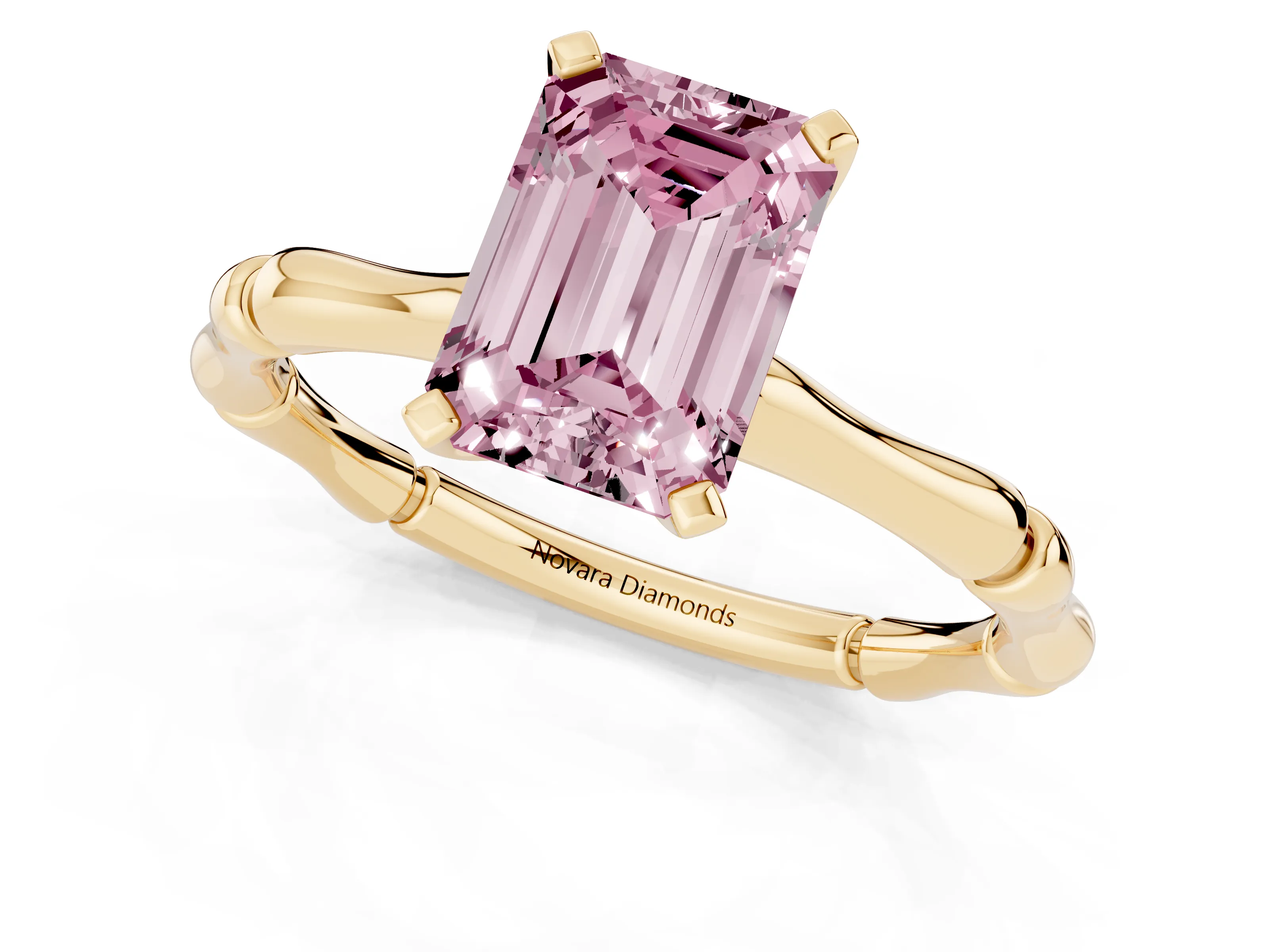Fancy Pink Emerald Cut Diamond Solitaire Ring Set in Yellow gold with Bamboo Band and Prong Setting – second view