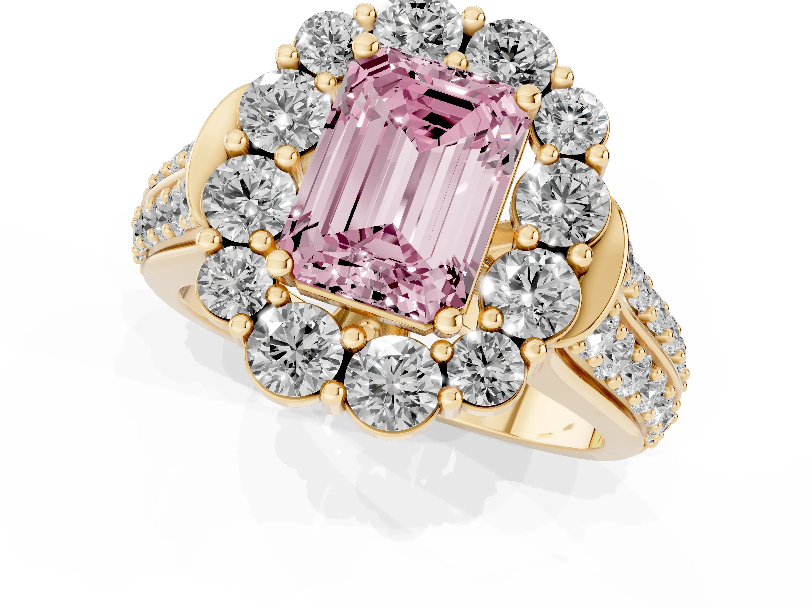 Fancy Pink Emerald Cut Diamond Halo Engagement Ring Set in Yellow gold with Split Shank and Prong Setting