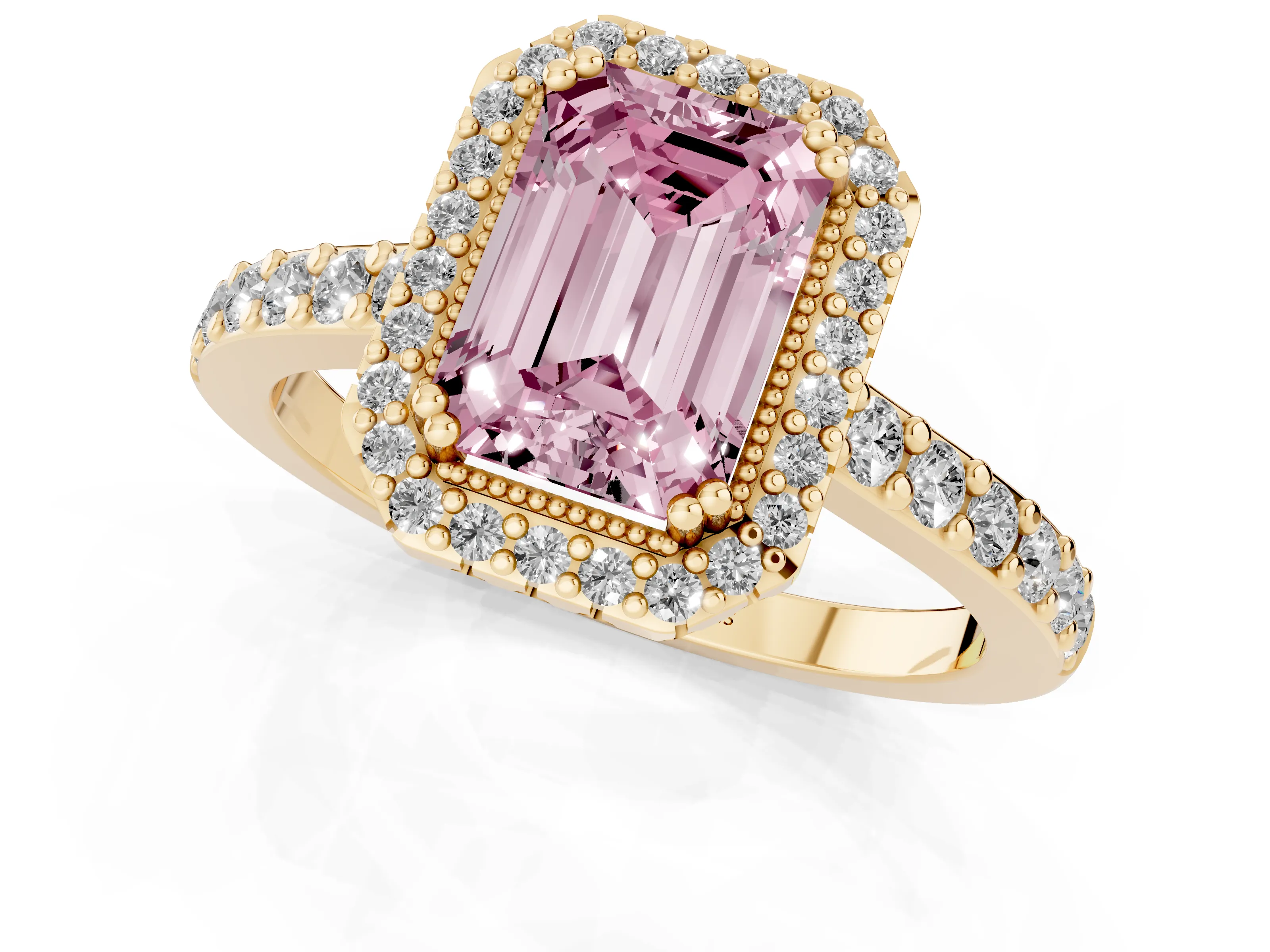 Fancy Pink Emerald Cut Diamond Halo Engagement Ring Set in Yellow gold with Milgrain Detail and Pavé Band