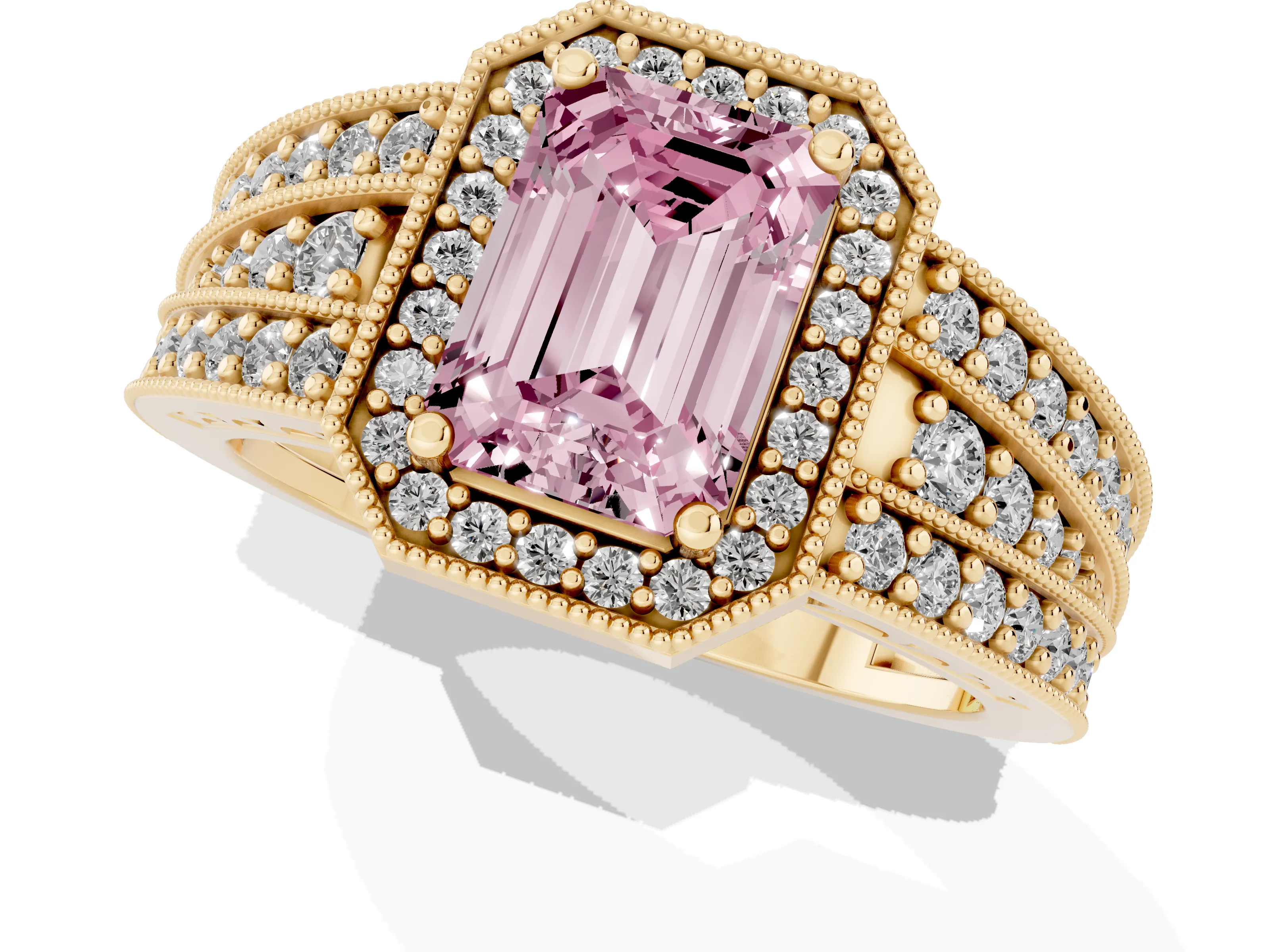 Fancy Pink Emerald Cut Diamond Halo Ring Set in Yellow gold with Accent Split Shank and Prong Setting