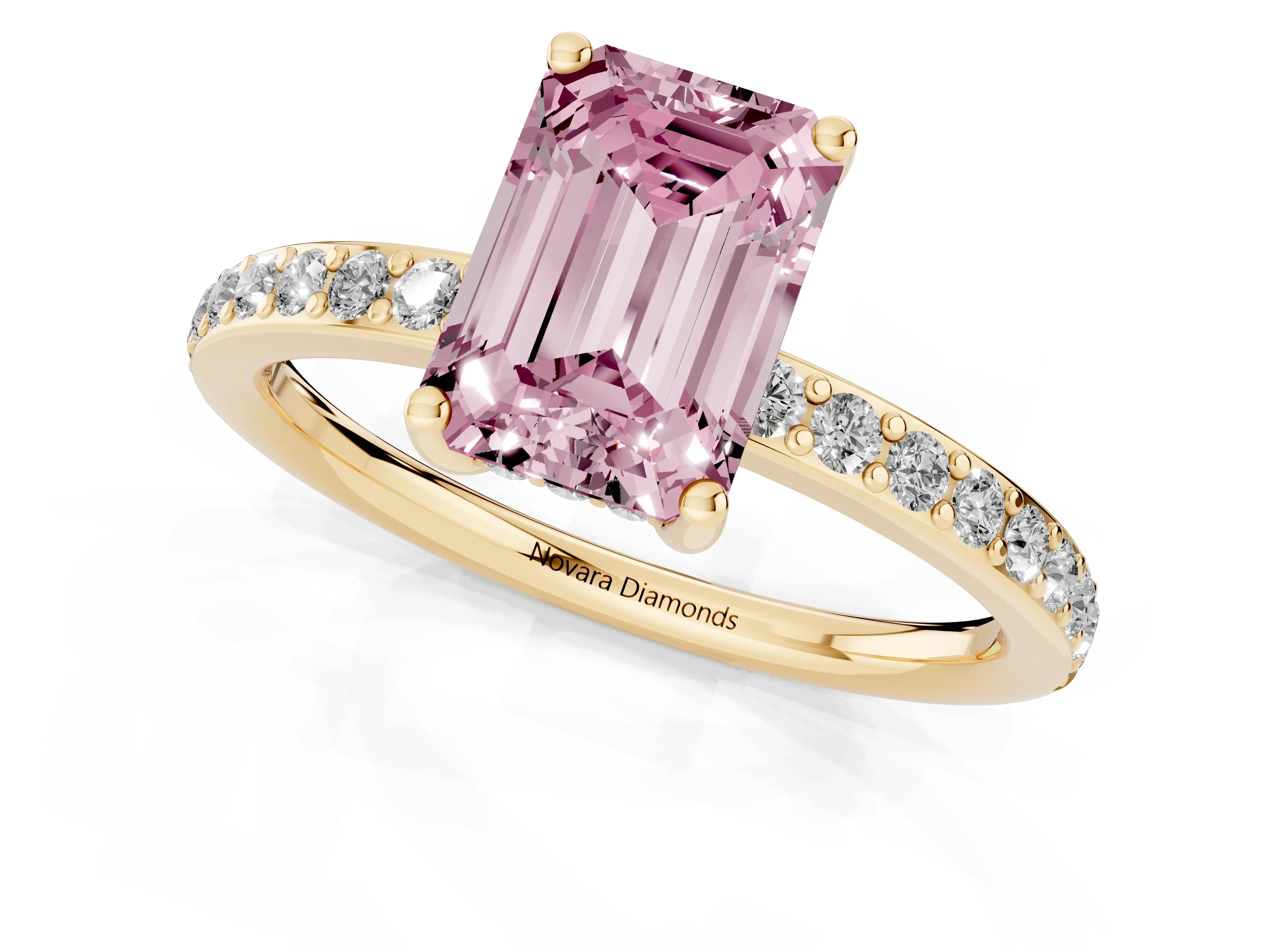 Fancy Pink Emerald Cut Diamond Pavé Band Ring Set in Yellow gold with Prong-Set Center Stone