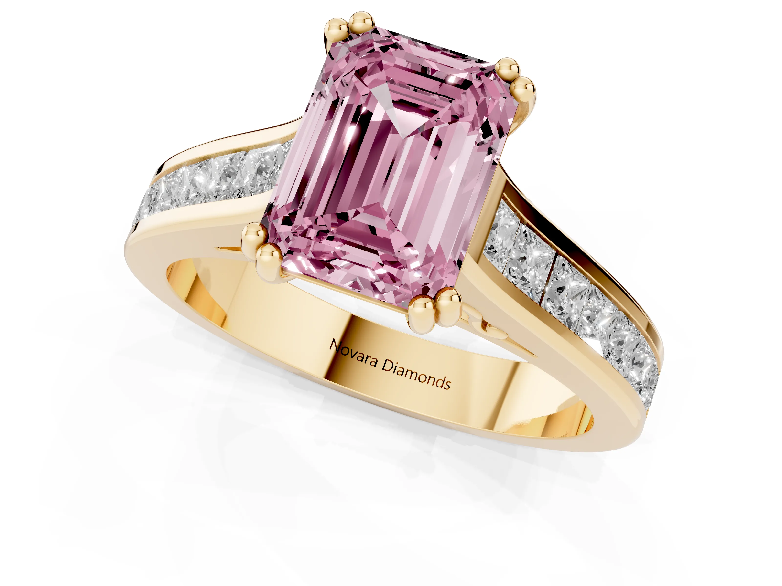 Fancy Pink Emerald Cut Diamond Channel Set Solitaire Engagement Ring Set in Yellow gold with Prong Setting