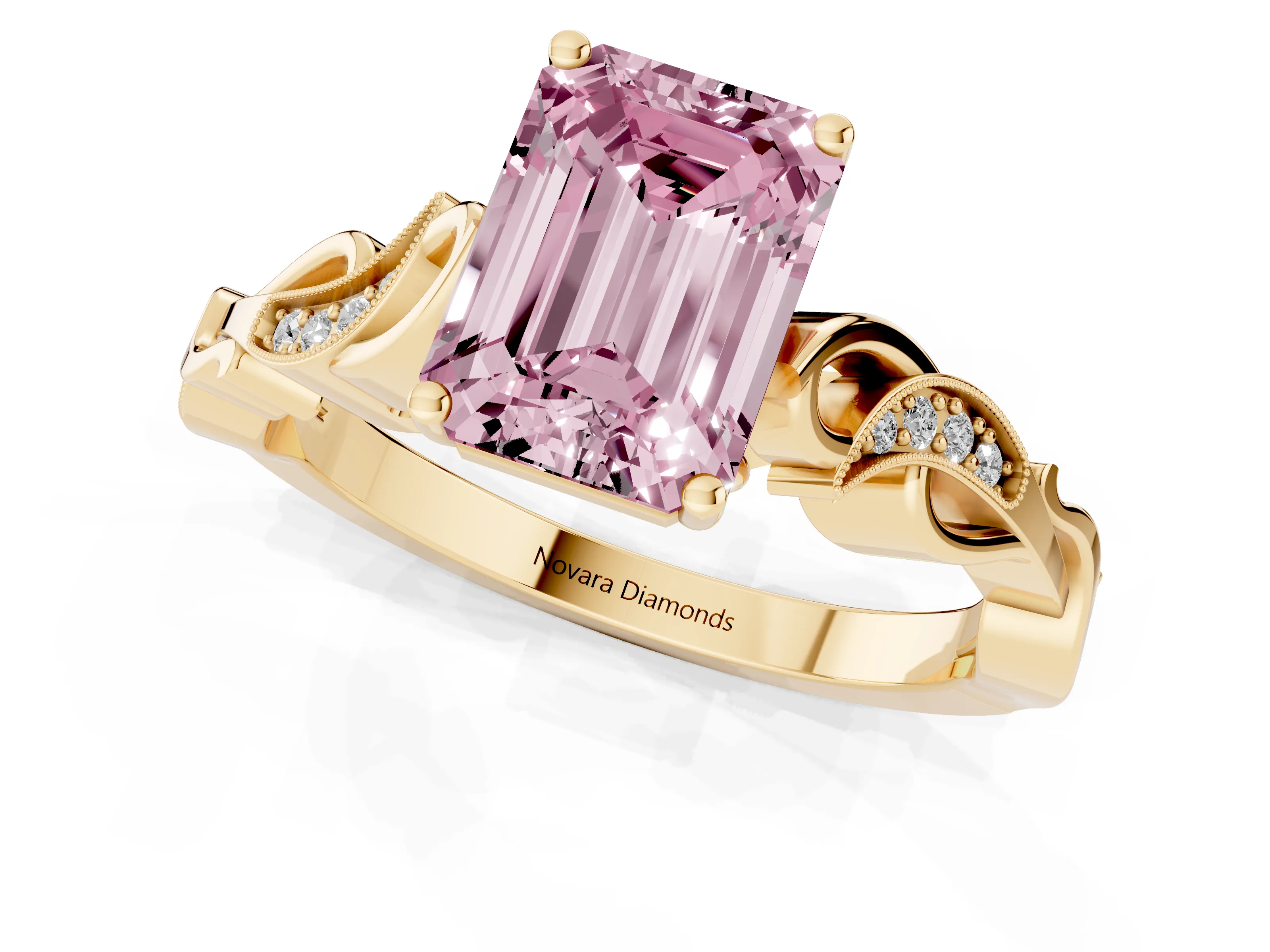 Fancy Pink Emerald Cut Diamond Vine Band Solitaire Ring Set in Yellow gold with Milgrain Prong Setting
