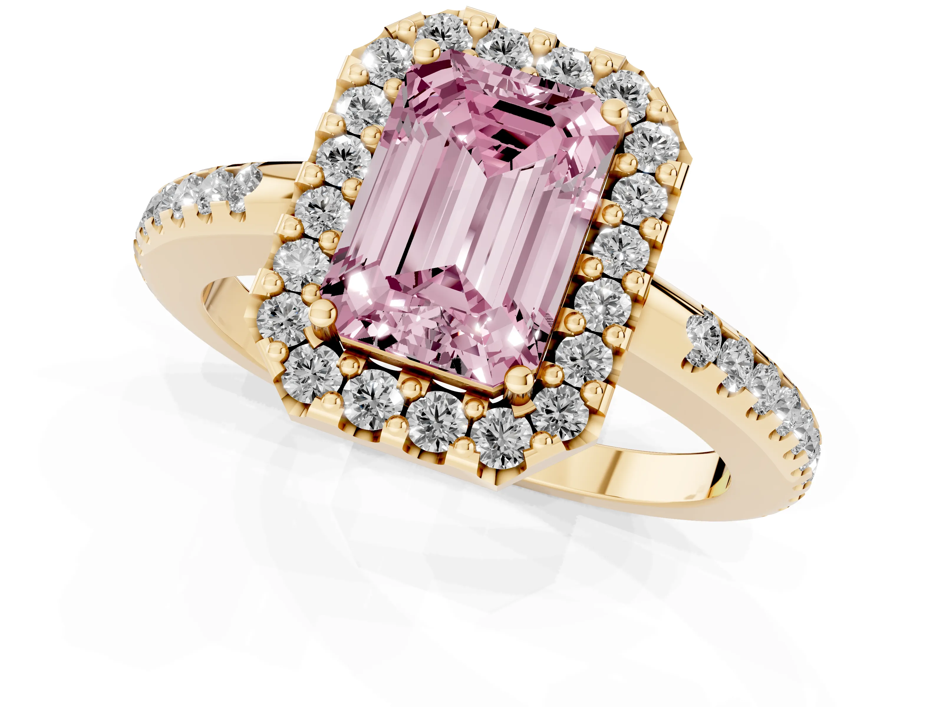 Fancy Pink Emerald Cut Diamond Pavé Halo Ring Set in Yellow gold with Prong Setting