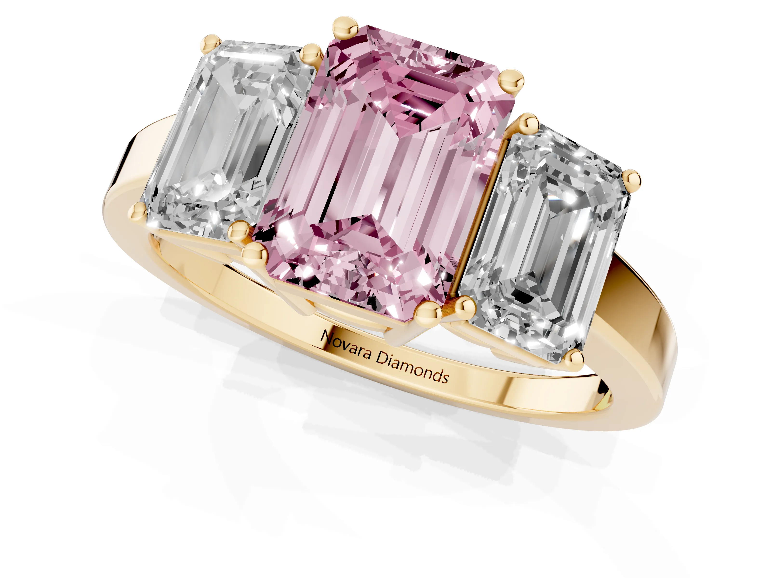 Fancy Pink Emerald Cut Diamond Three-Stone Engagement Ring Set in Yellow gold with Flat Band