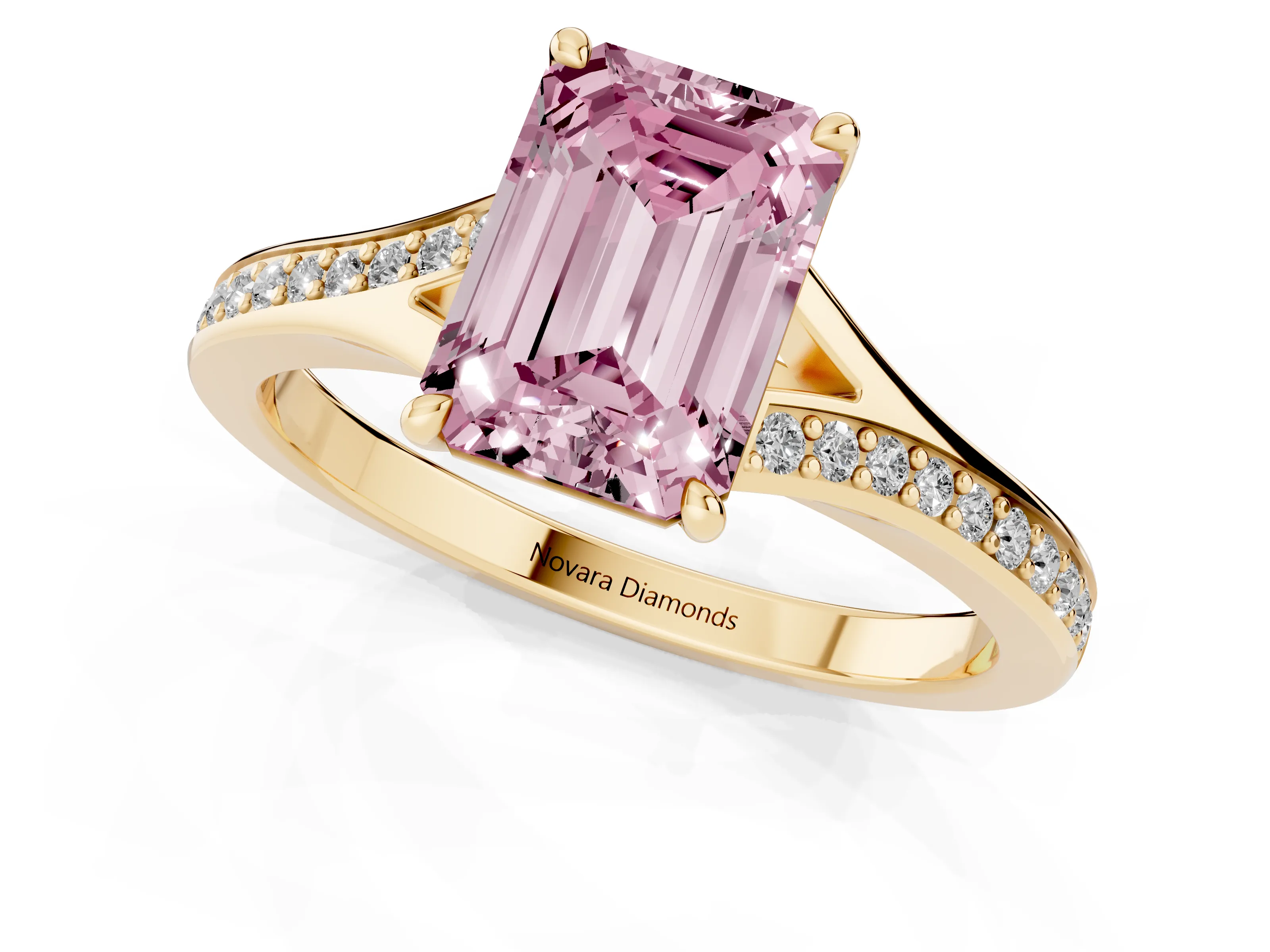 Fancy Pink Emerald Cut Diamond Solitaire Ring Set in Yellow gold with Pavé Accent Band and Classic Prong Setting