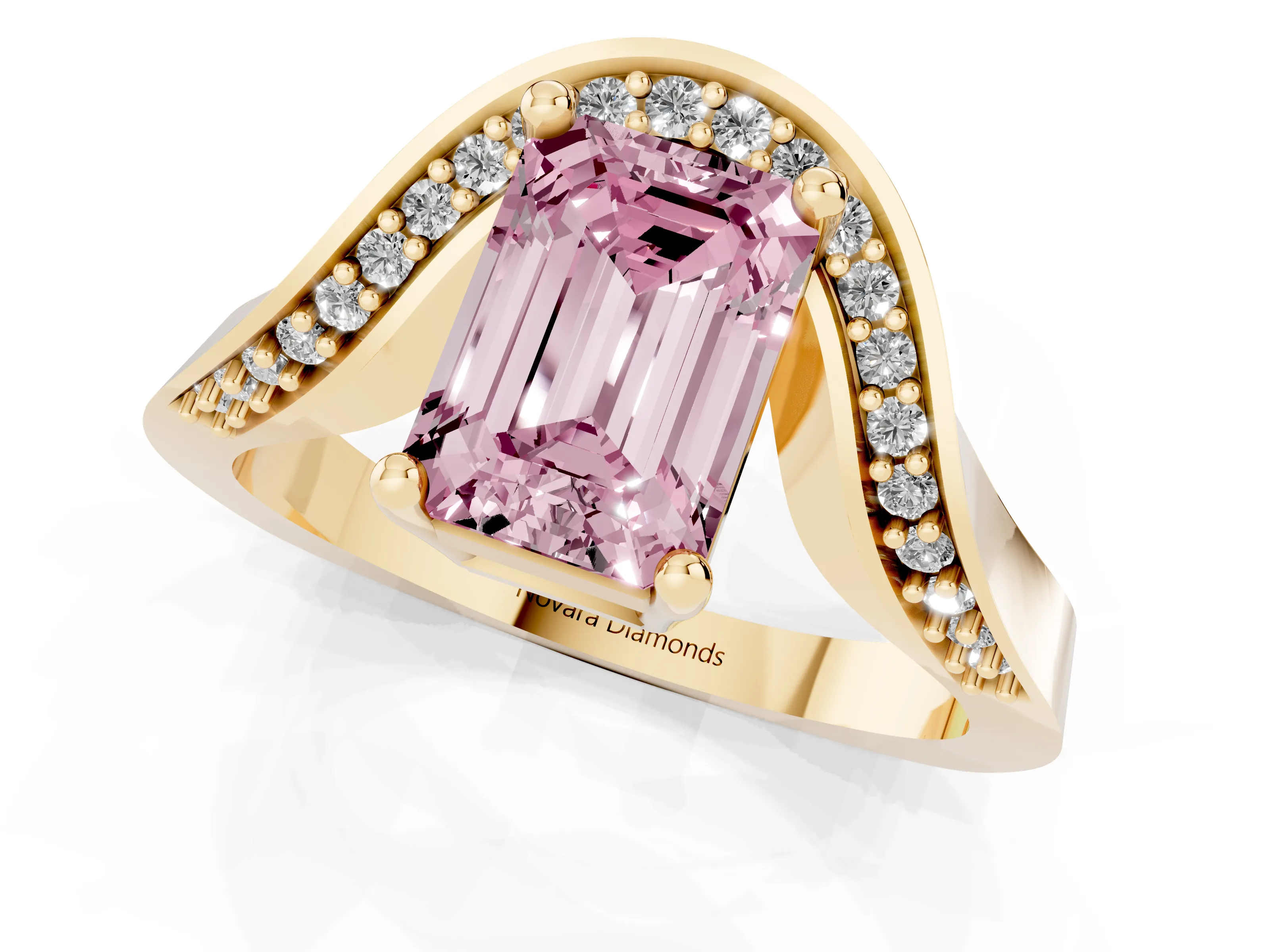 Fancy Pink Emerald Cut Diamond Solitaire Engagement Ring Set in Yellow gold with Pavé Shoulders