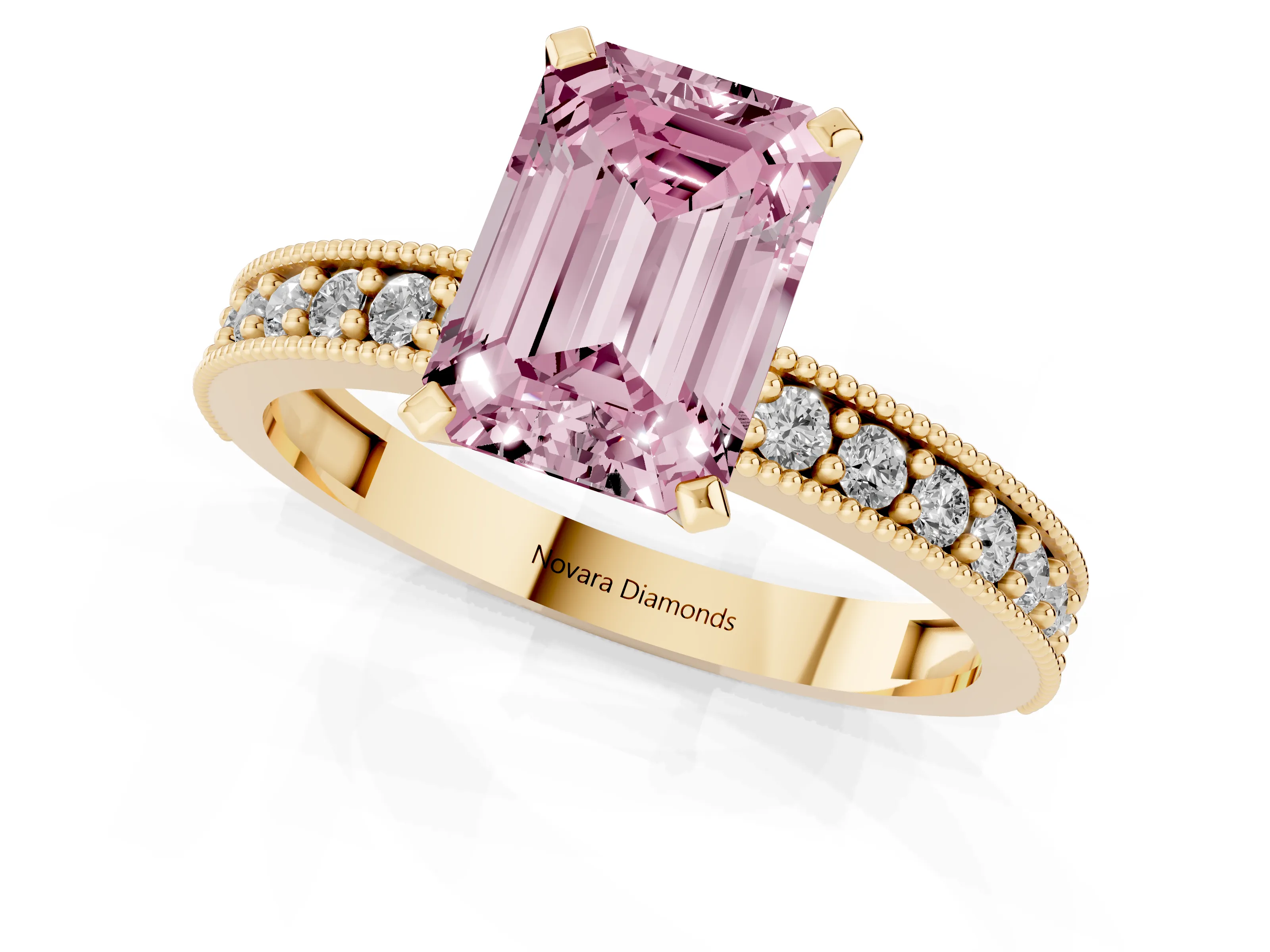 Fancy Pink Emerald Cut Diamond Milgrain Pavé Engagement Ring Set in Yellow gold with Prong Setting