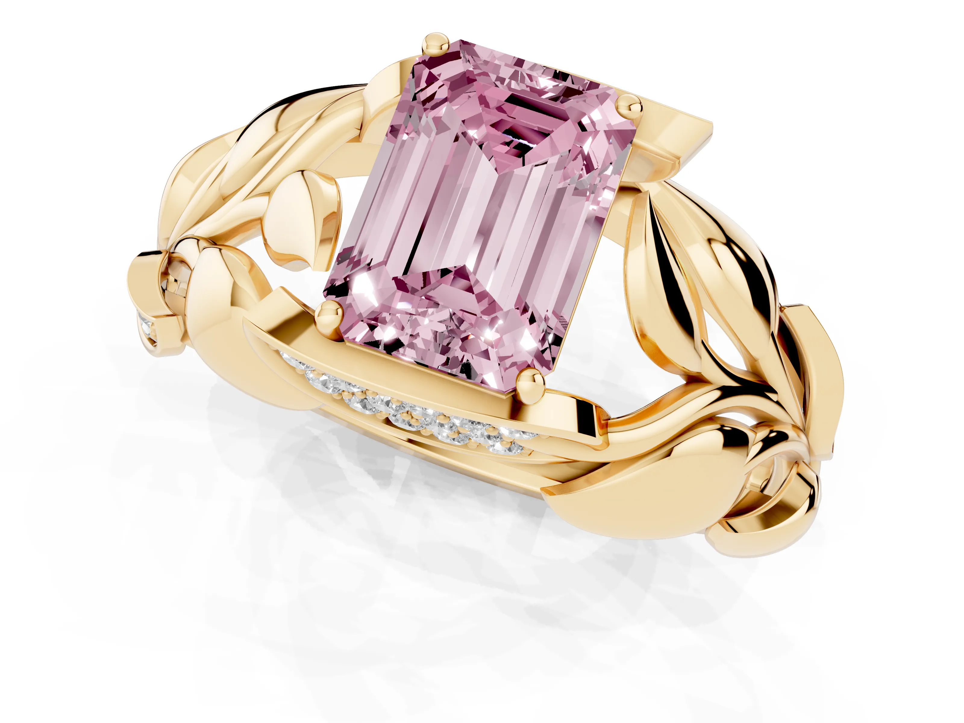 Fancy Pink Emerald Cut Diamond Leaf-Inspired Engagement Ring Set in Yellow gold with Round Accents