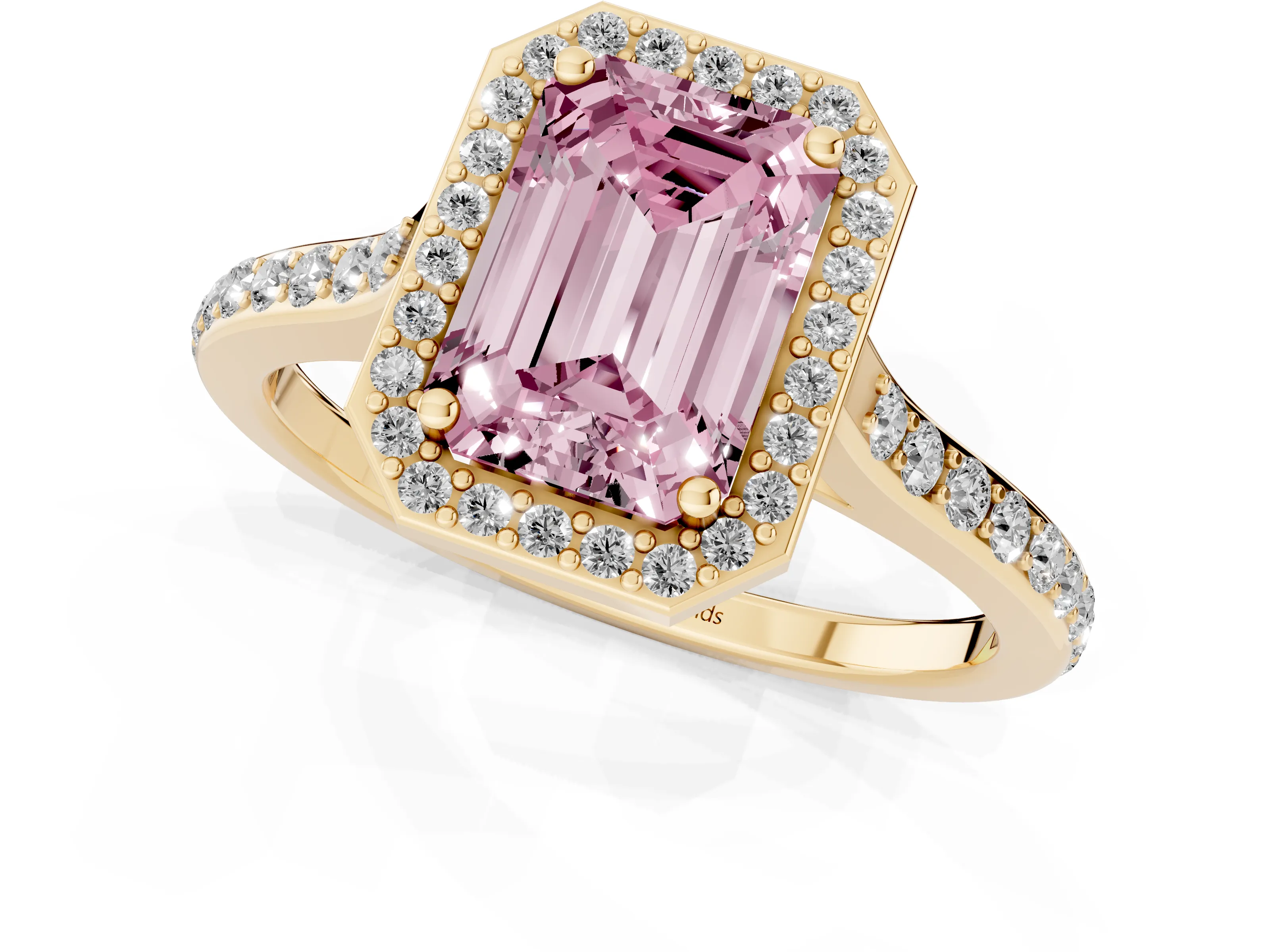 Fancy Pink Emerald Cut Diamond Halo Engagement Ring Set in Yellow gold with Round Pavé Shoulders and Heart Gallery