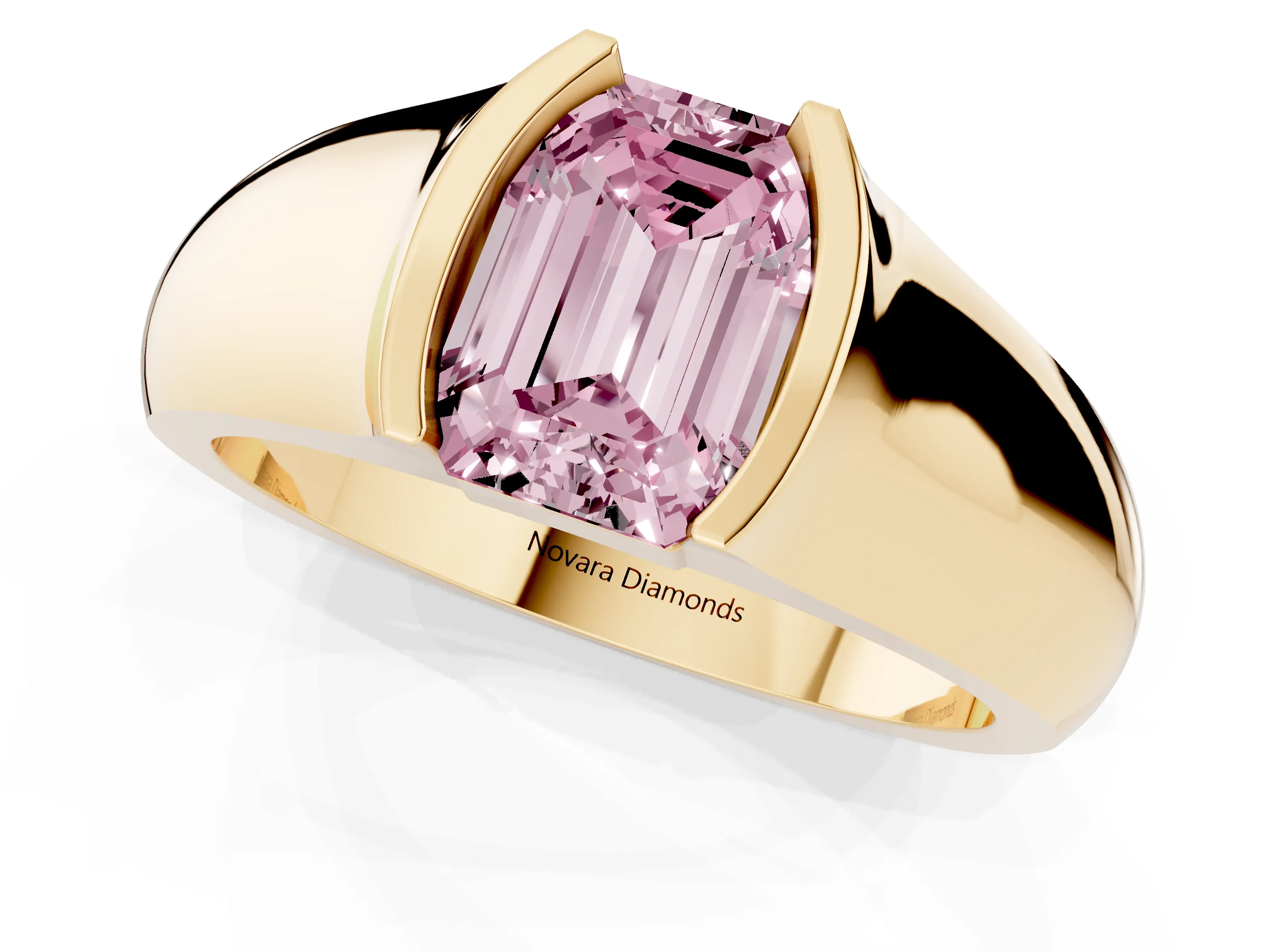 Fancy Pink Emerald Cut Diamond Bezel Solitaire Ring Set in Yellow gold with Wide Band