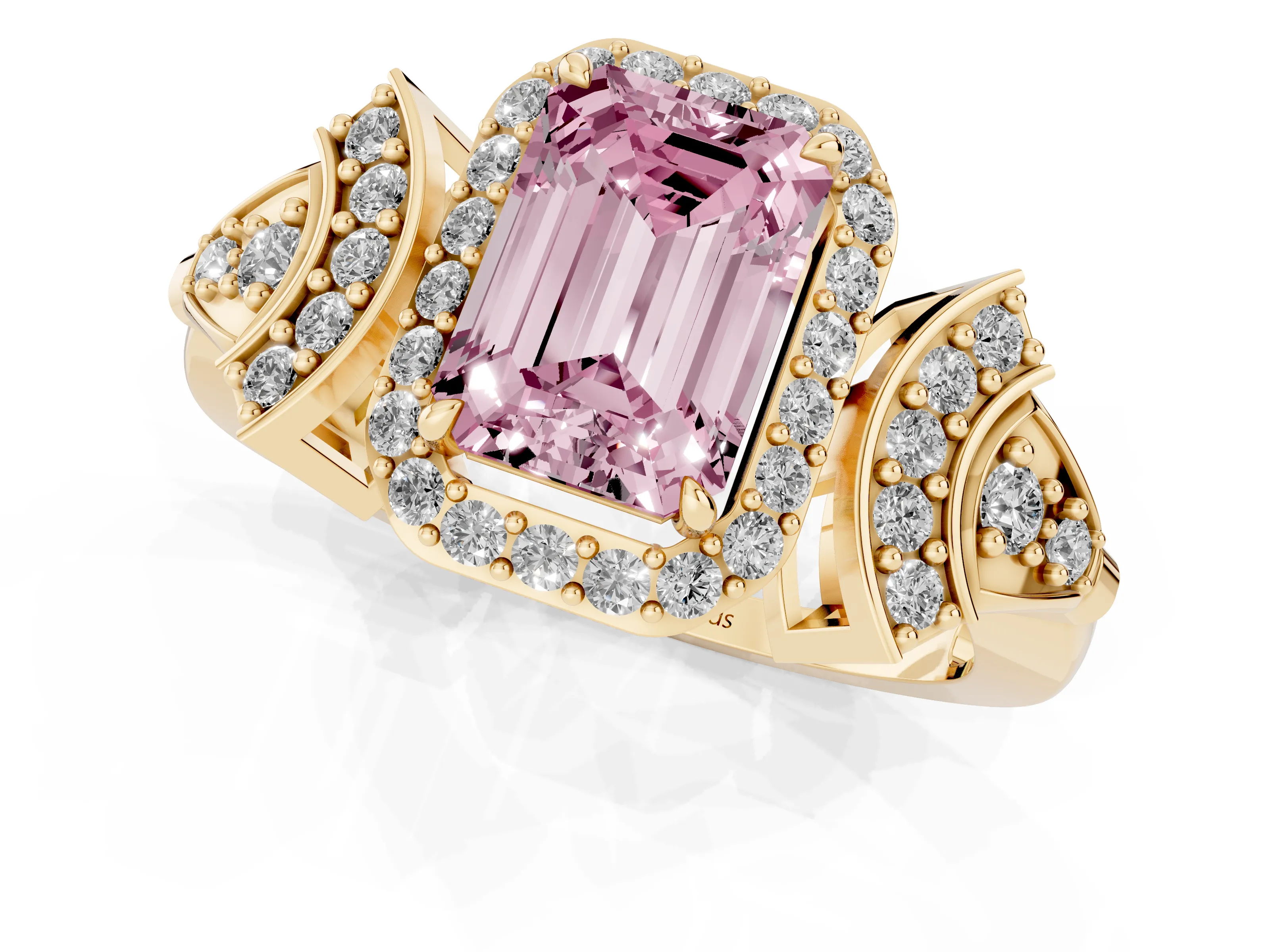 Fancy Pink Emerald Cut Diamond Halo Engagement Ring Set in Yellow gold with Accent Stone Split Shank