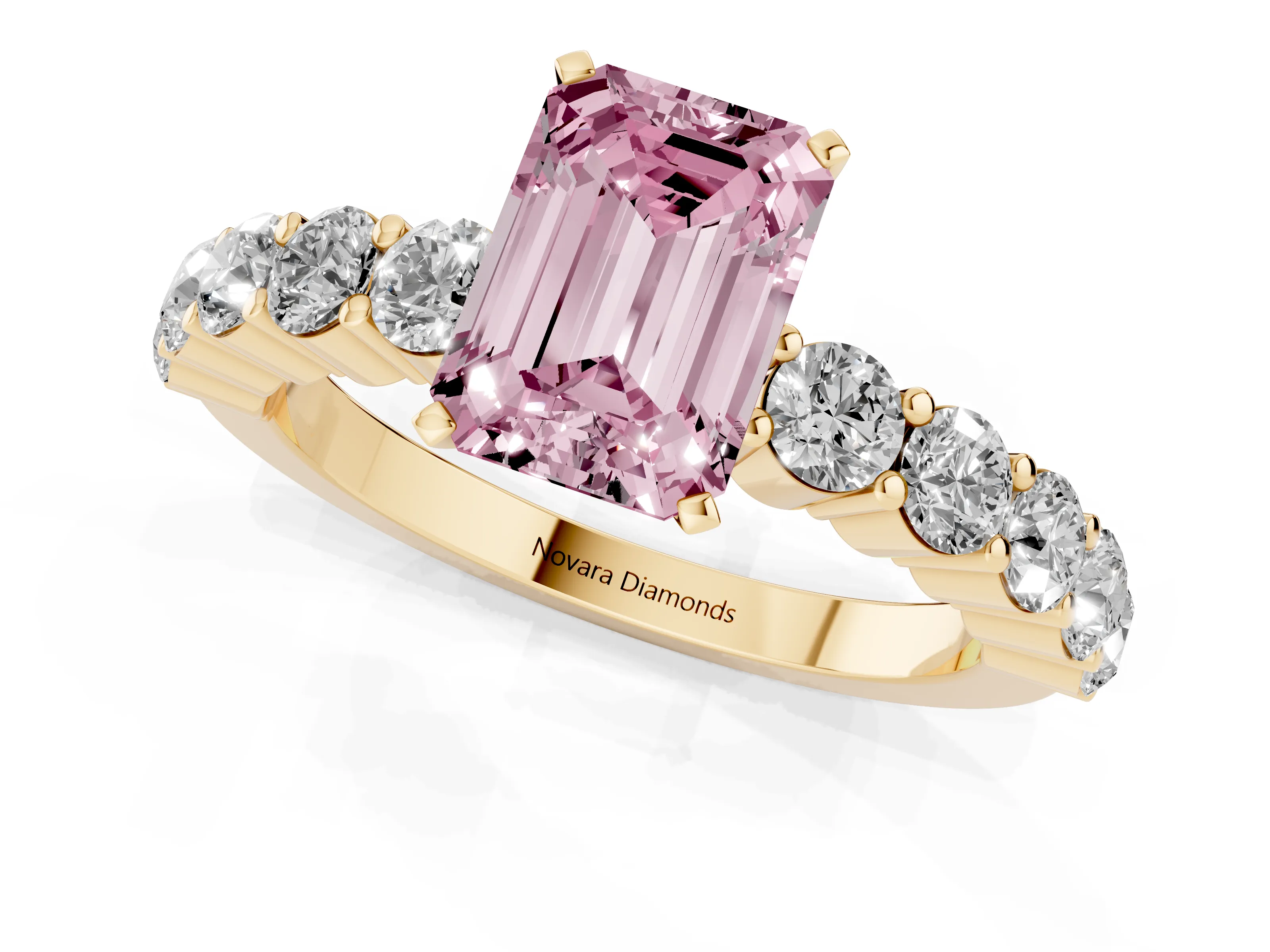 Fancy Pink Emerald Cut Diamond Solitaire Ring Set in Yellow gold with Shared Prong Round Side Stones