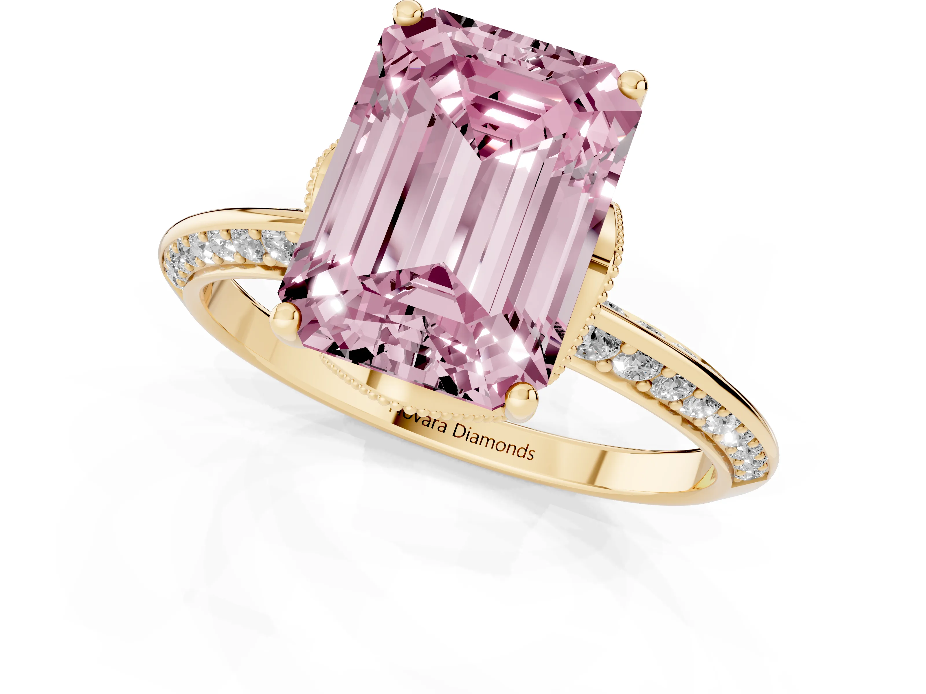 Fancy Pink Emerald Cut Diamond Solitaire Engagement Ring Set in Yellow gold with Pavé Split Shank and Prong Setting