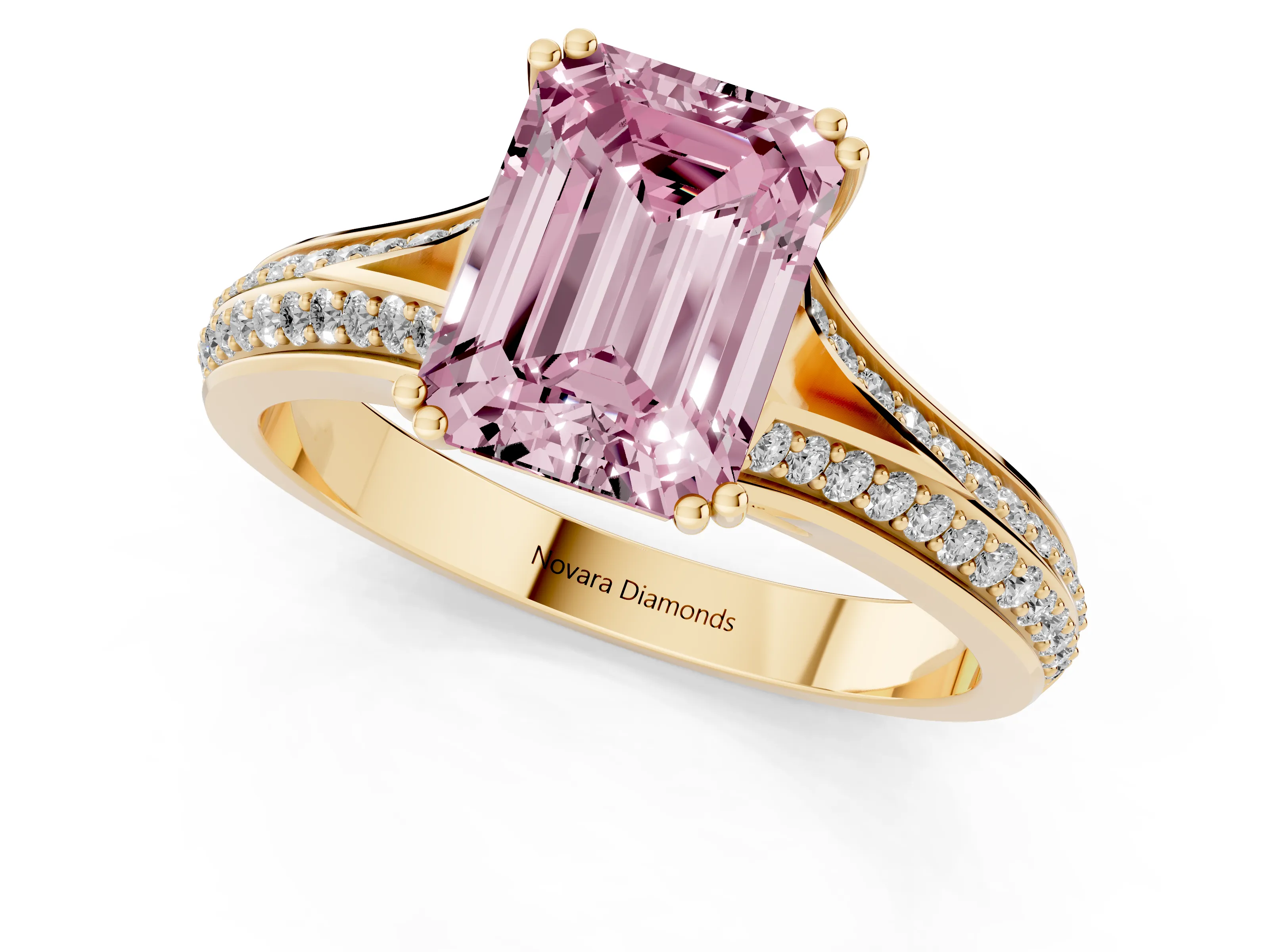 Fancy Pink Emerald Cut Diamond Split Shank Pavé Engagement Ring Set in Yellow gold with Prong-Set Center Stone