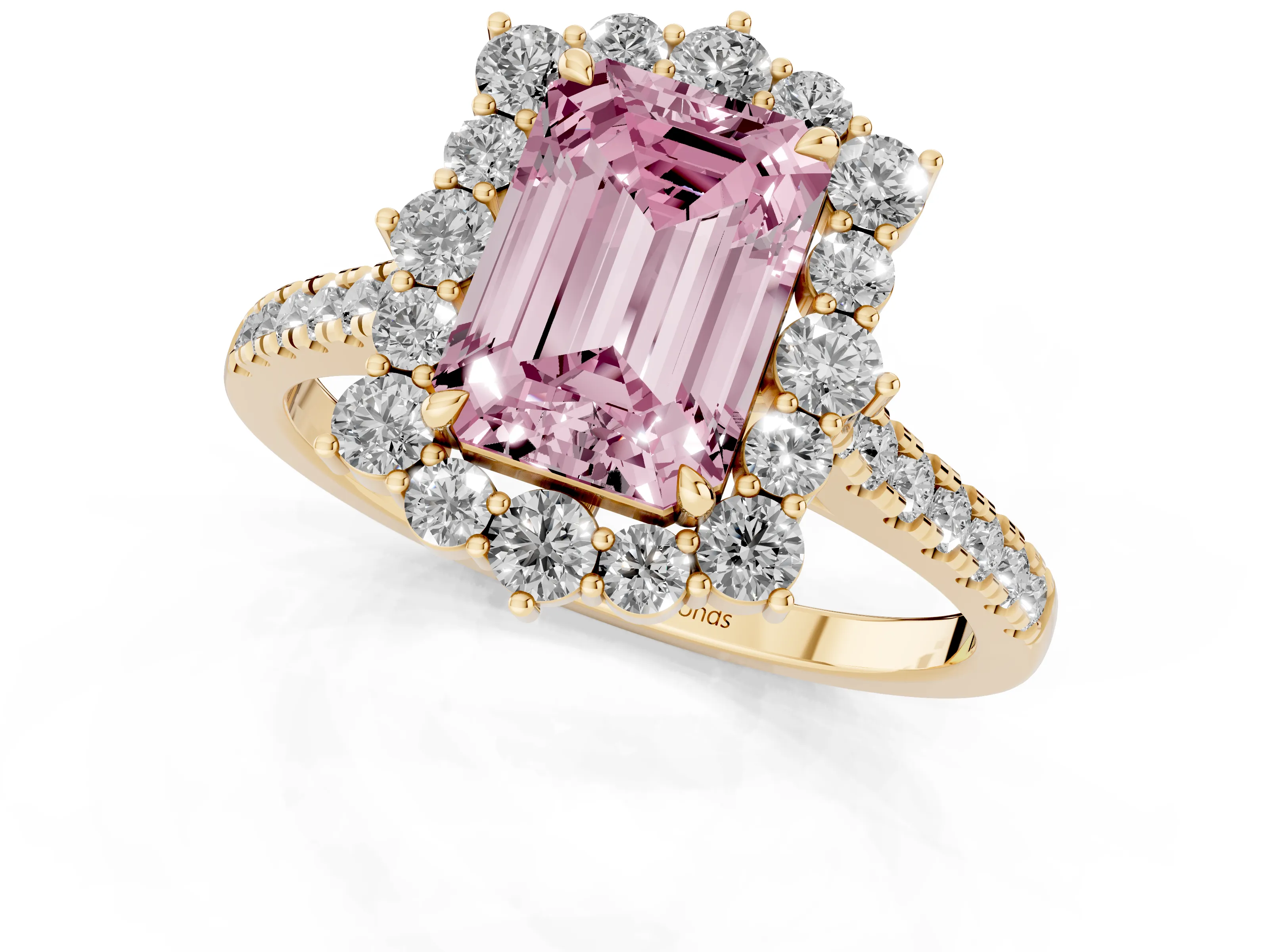 Fancy Pink Emerald Cut Diamond Halo Ring Set in Yellow gold with Pavé Band and Prong Setting