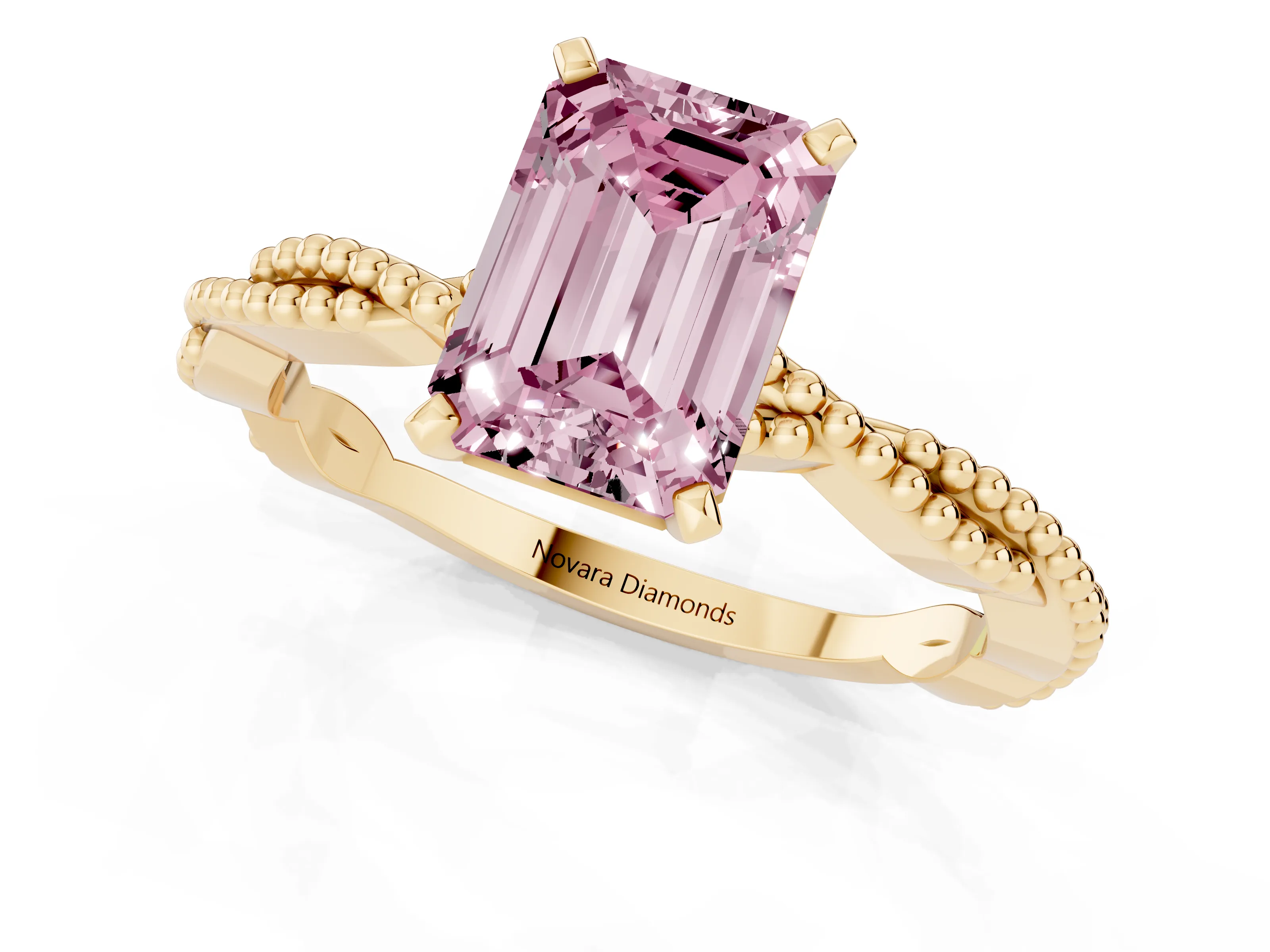 Fancy Pink Emerald Cut Diamond Solitaire Ring Set in Yellow gold with Twisted Band and Bead Prong Setting