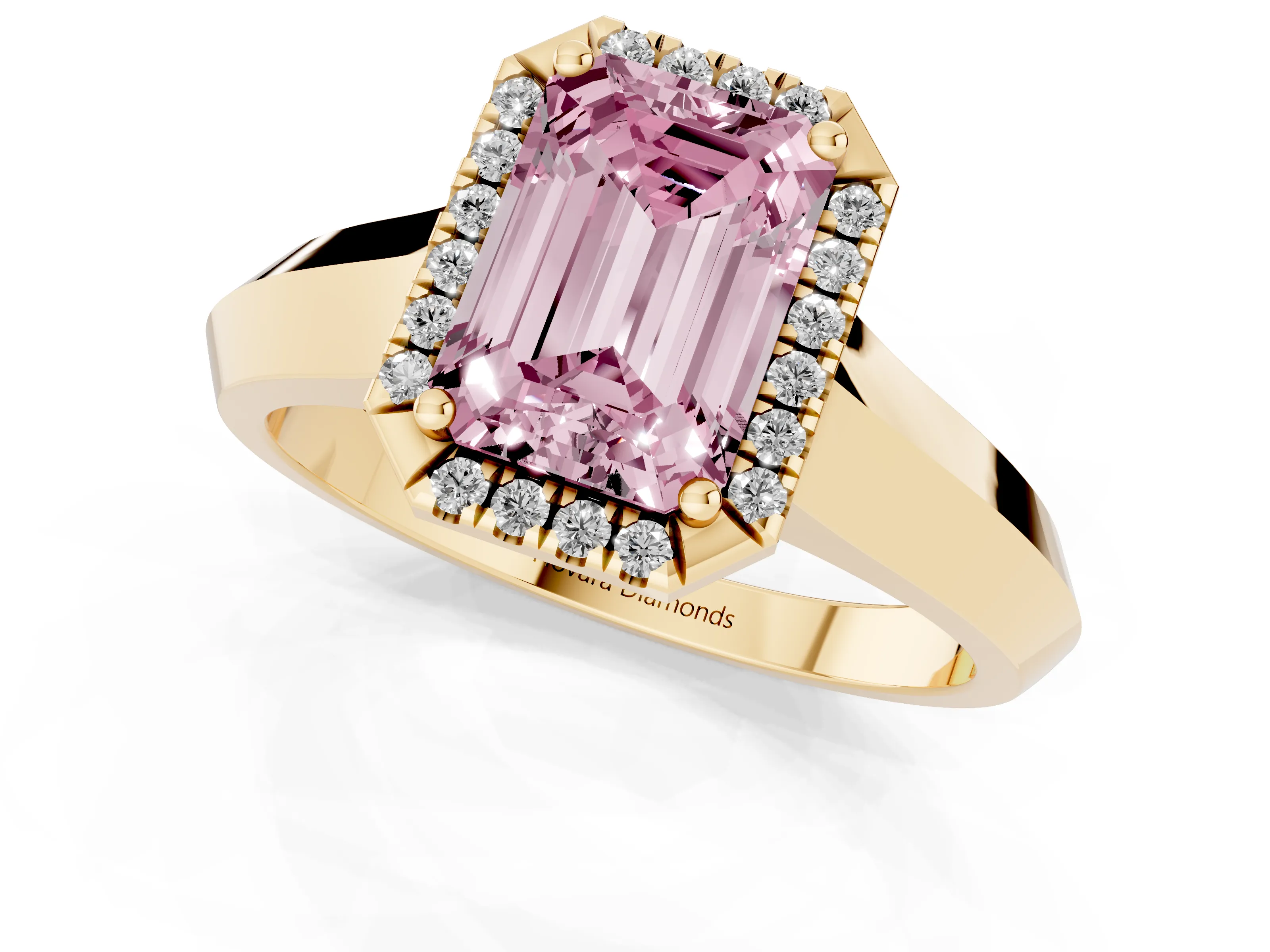 Fancy Pink Emerald Cut Diamond Halo Ring Set in Yellow gold with Cathedral Band and Prong Setting