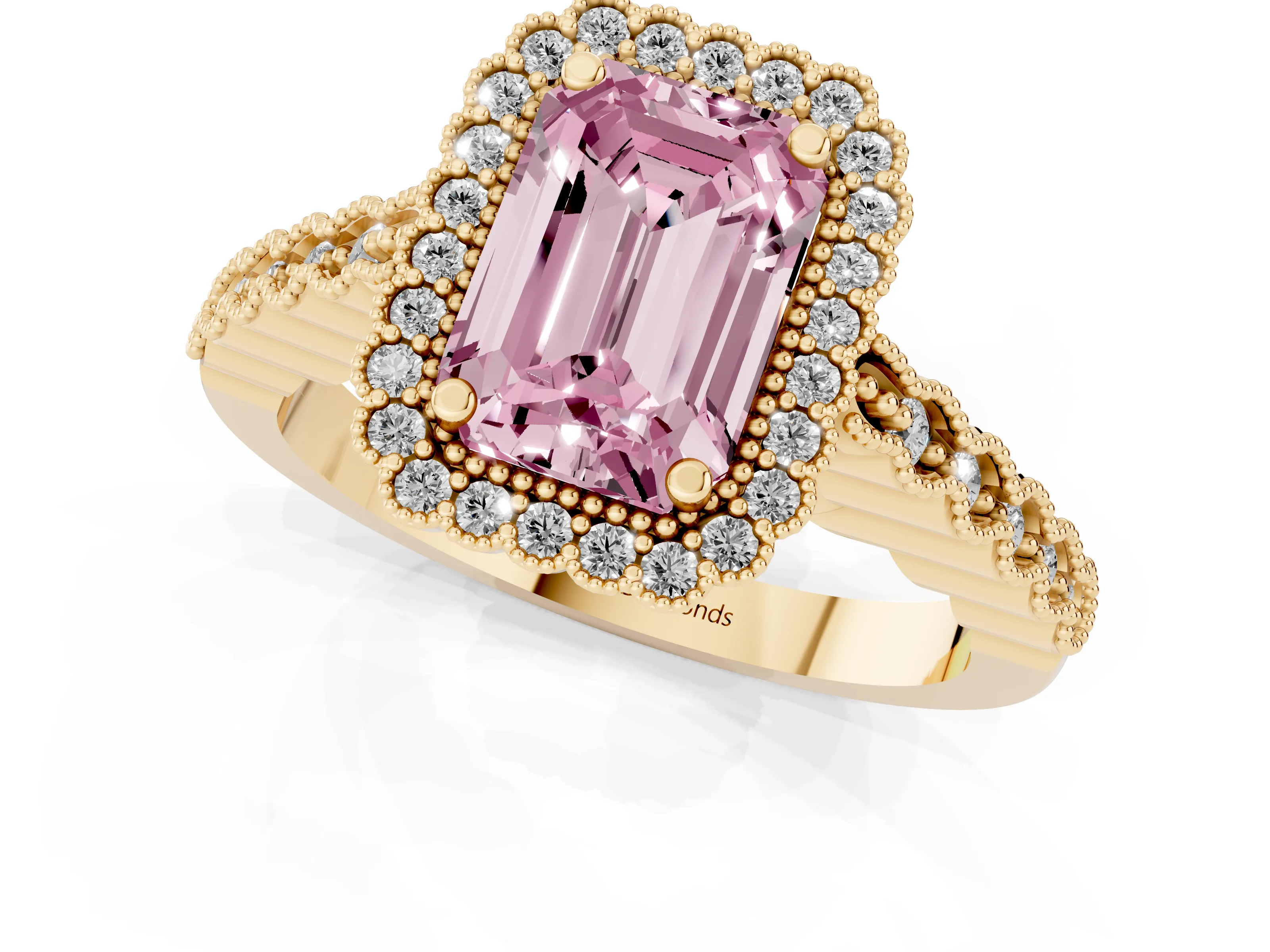 Fancy Pink Emerald Cut Diamond Halo Ring Set in Yellow gold with Pavé Milgrain Band