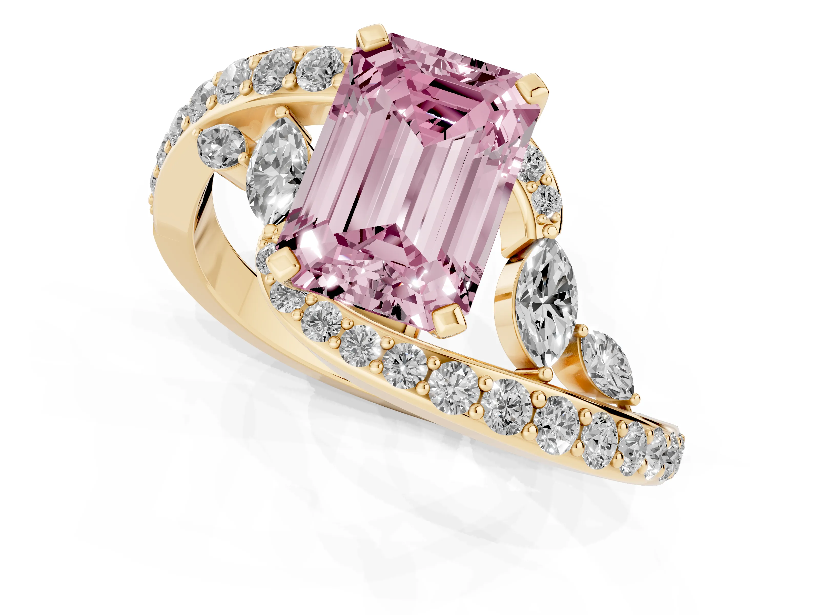 Fancy Pink Emerald Cut Diamond Solitaire Ring Set in Yellow gold with Pavé Twist Band and Secure Prong Setting