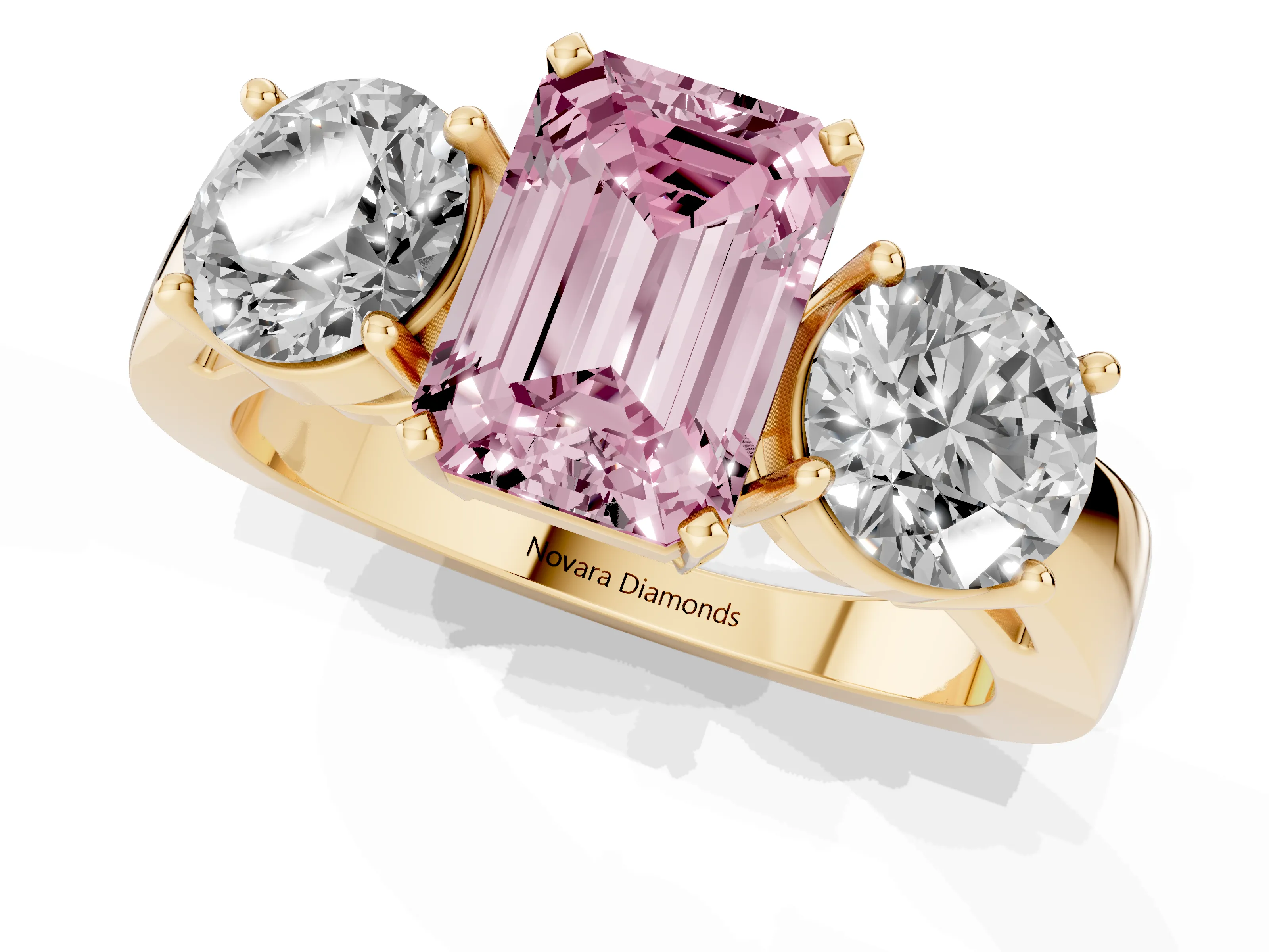 Fancy Pink Emerald Cut Diamond Three-Stone Ring Set in Yellow gold with Round Side Stones and Classic Band