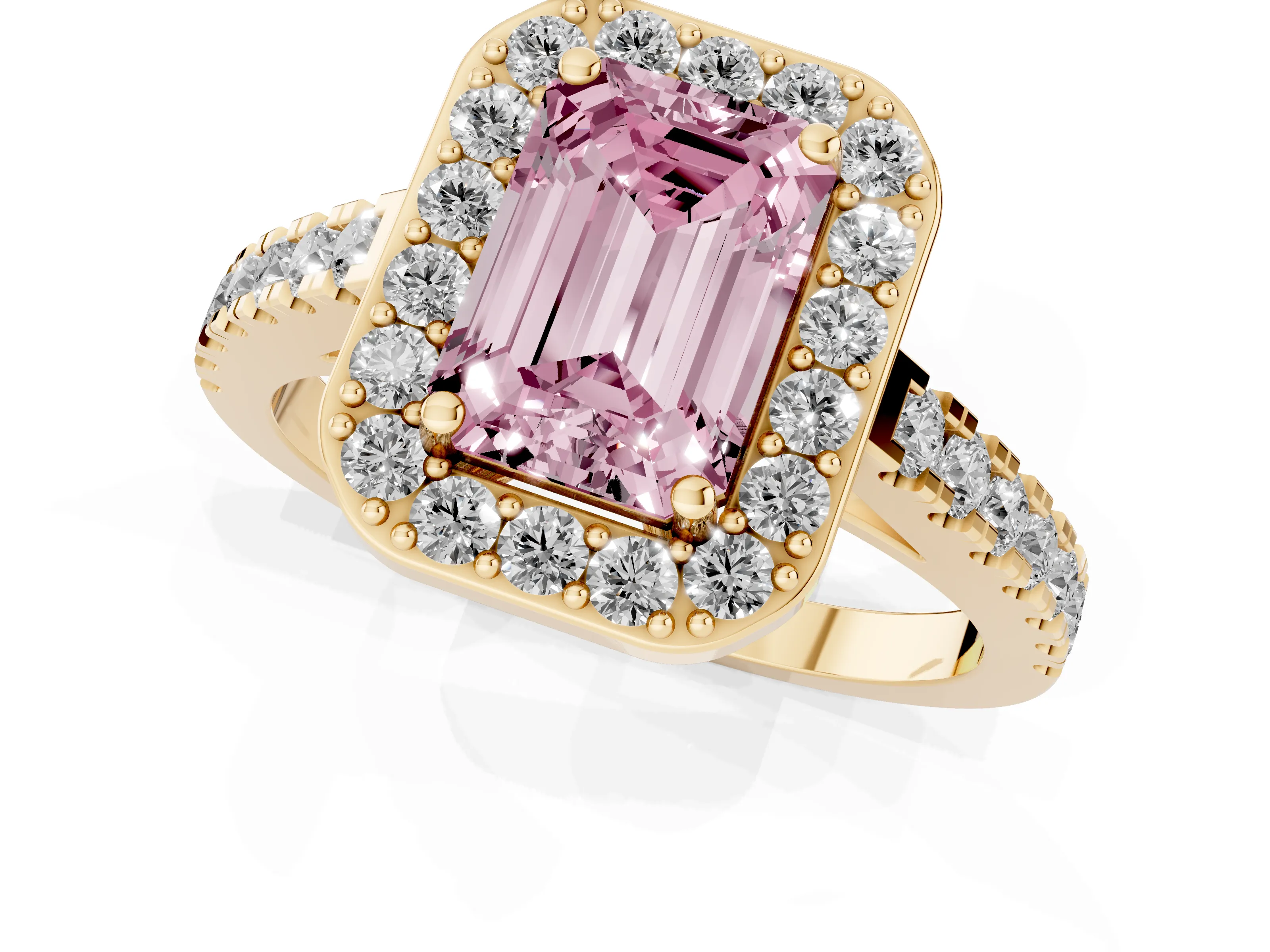 Fancy Pink Emerald Cut Diamond Halo Ring Set in Yellow gold with Round Pavé Split Shank and Prong Setting