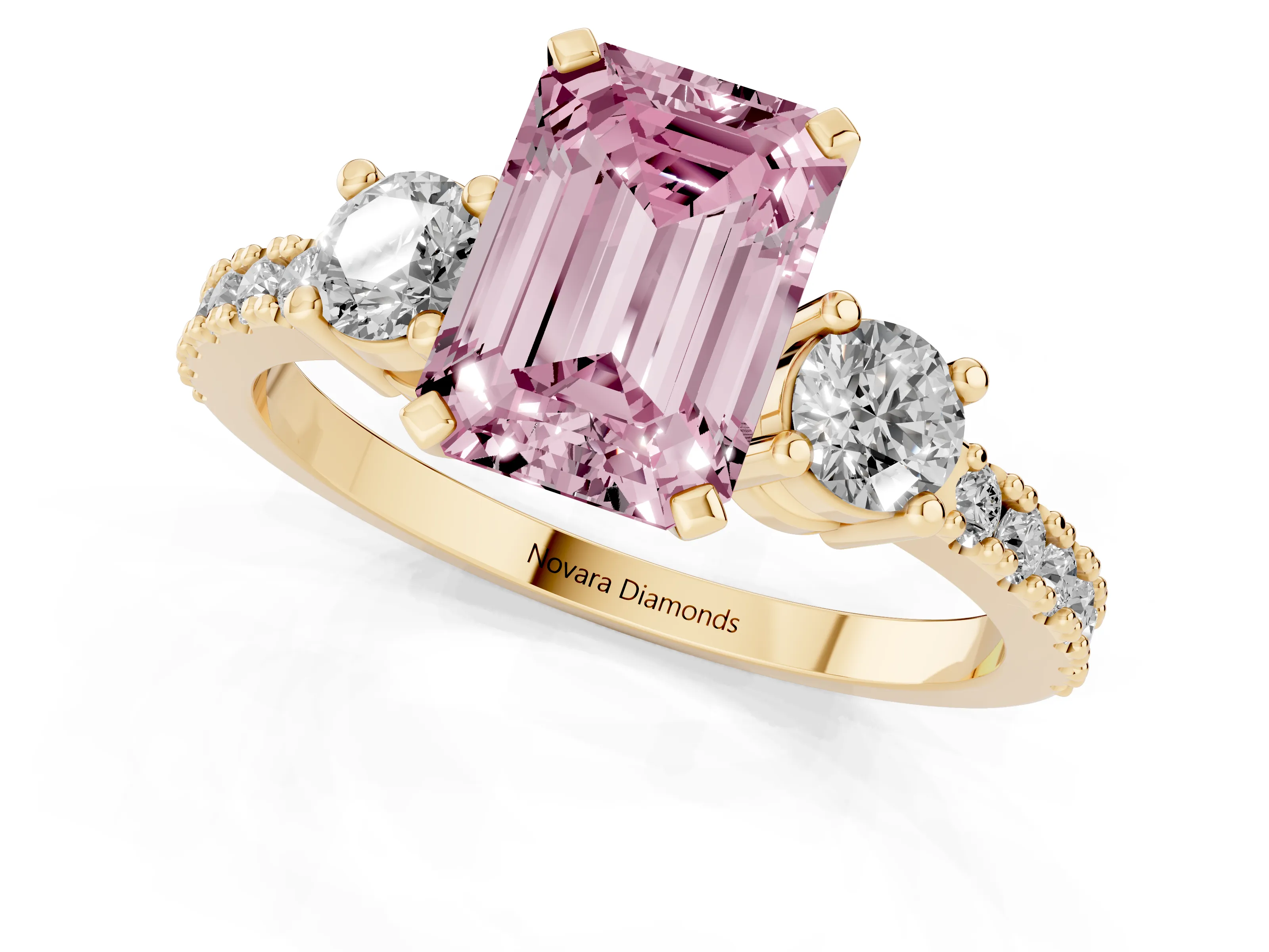 Fancy Pink Three-Stone Emerald Cut Diamond Pavé Band Ring Set in Yellow gold with Prong Setting