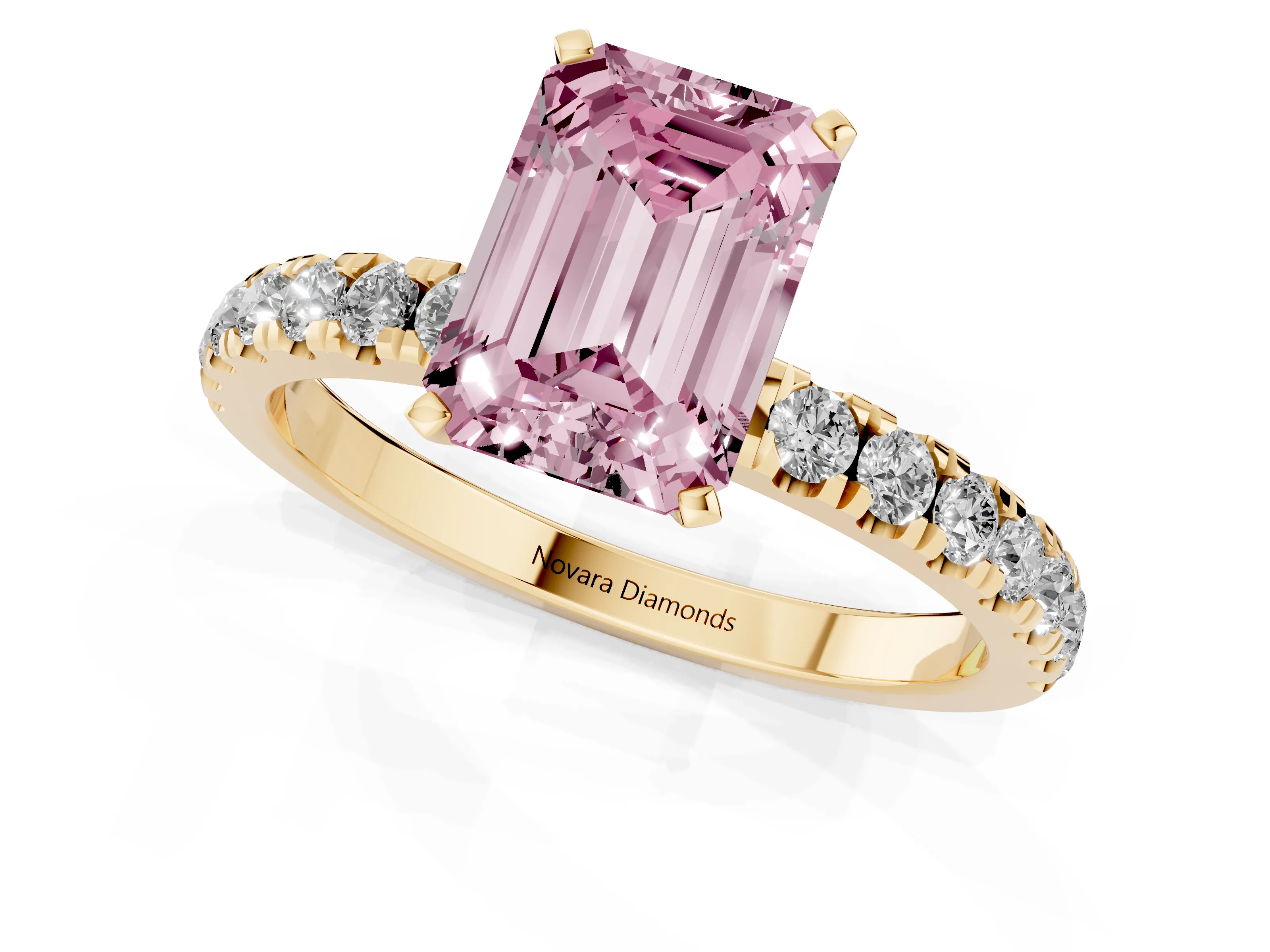 Fancy Pink Emerald Cut Diamond Solitaire Ring Set in Yellow gold with Pavé Accents and Prong Setting
