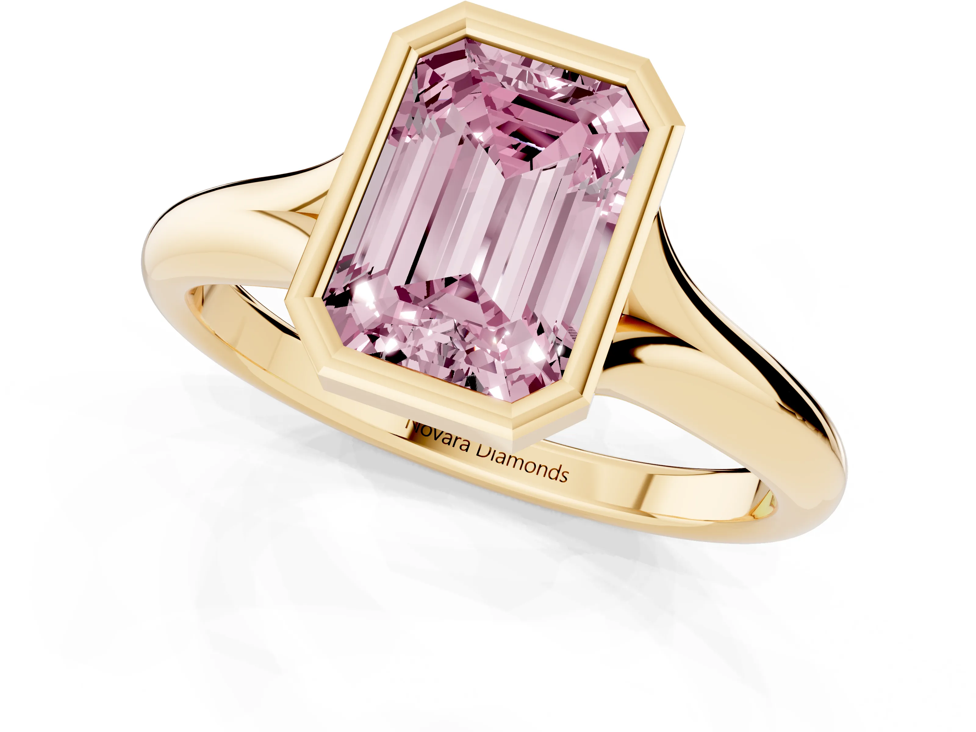 Fancy Pink Bezel Set Emerald Cut Diamond Solitaire Ring Set in Yellow gold with Smooth Band
