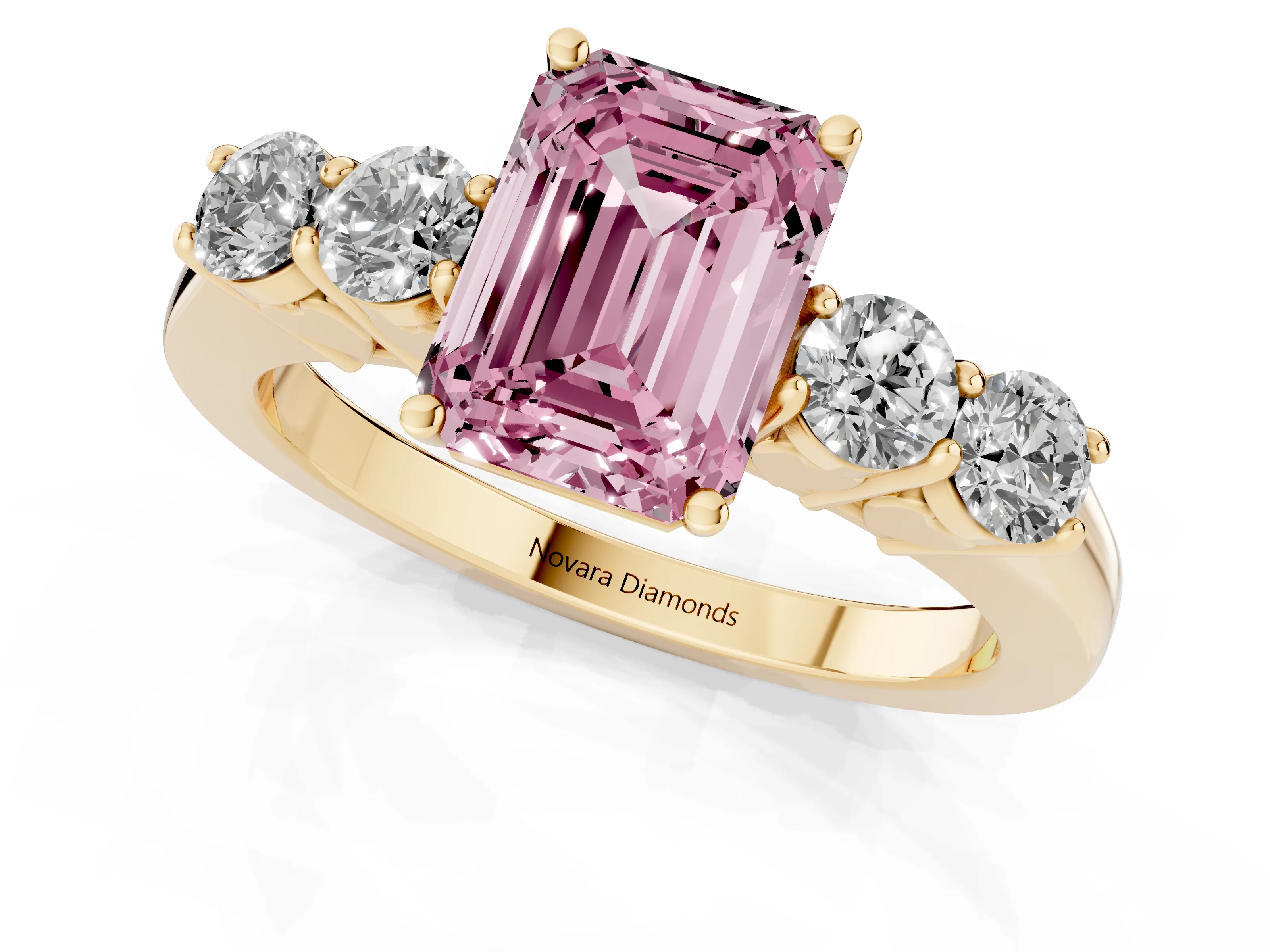 Fancy Pink Emerald Cut Diamond Five-Stone Prong Set Band Ring Set in Yellow gold with Polished Band
