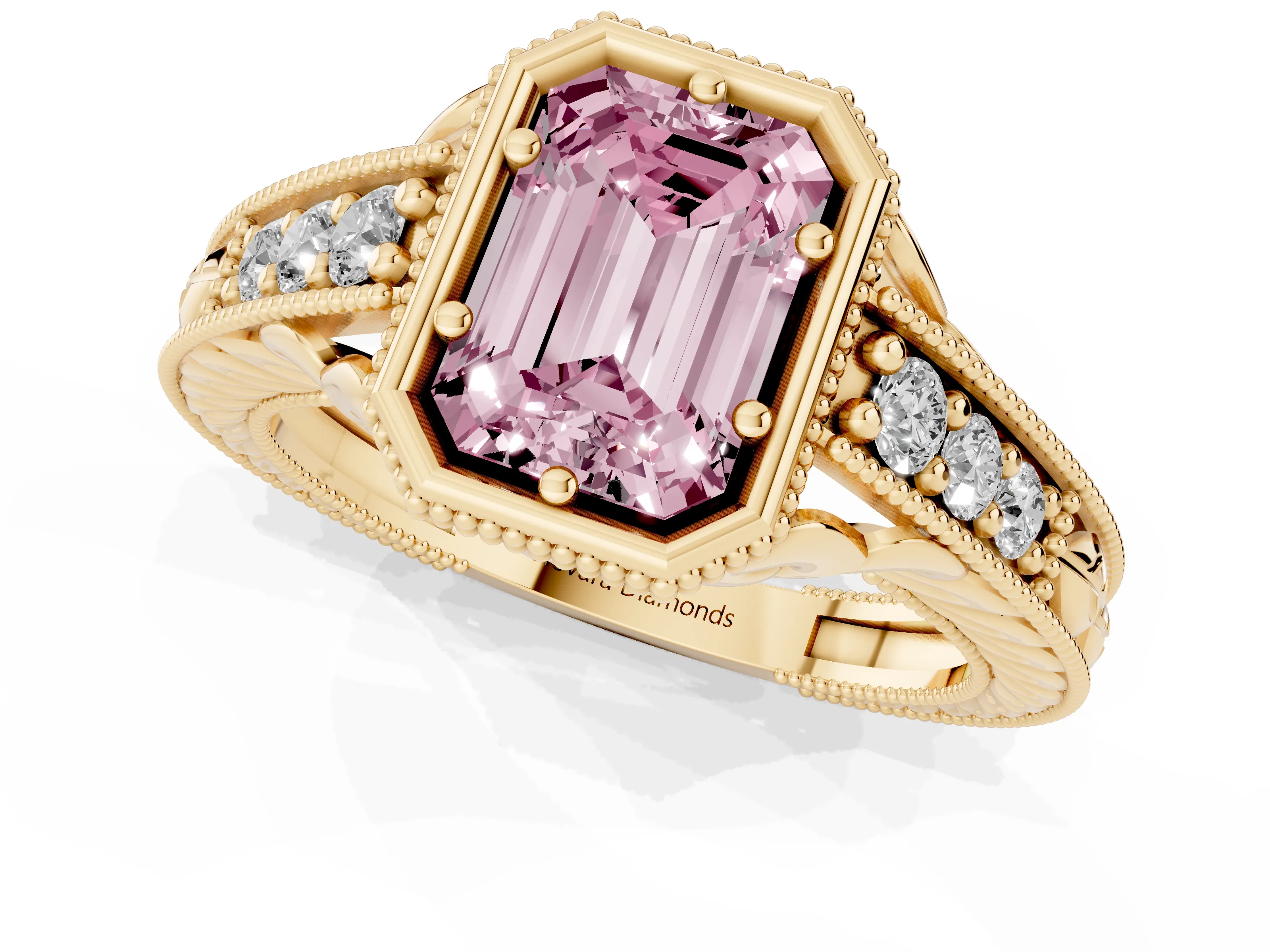 Fancy Pink Bezel Set Emerald Cut Diamond Milgrain Pavé Engagement Ring Set in Yellow gold