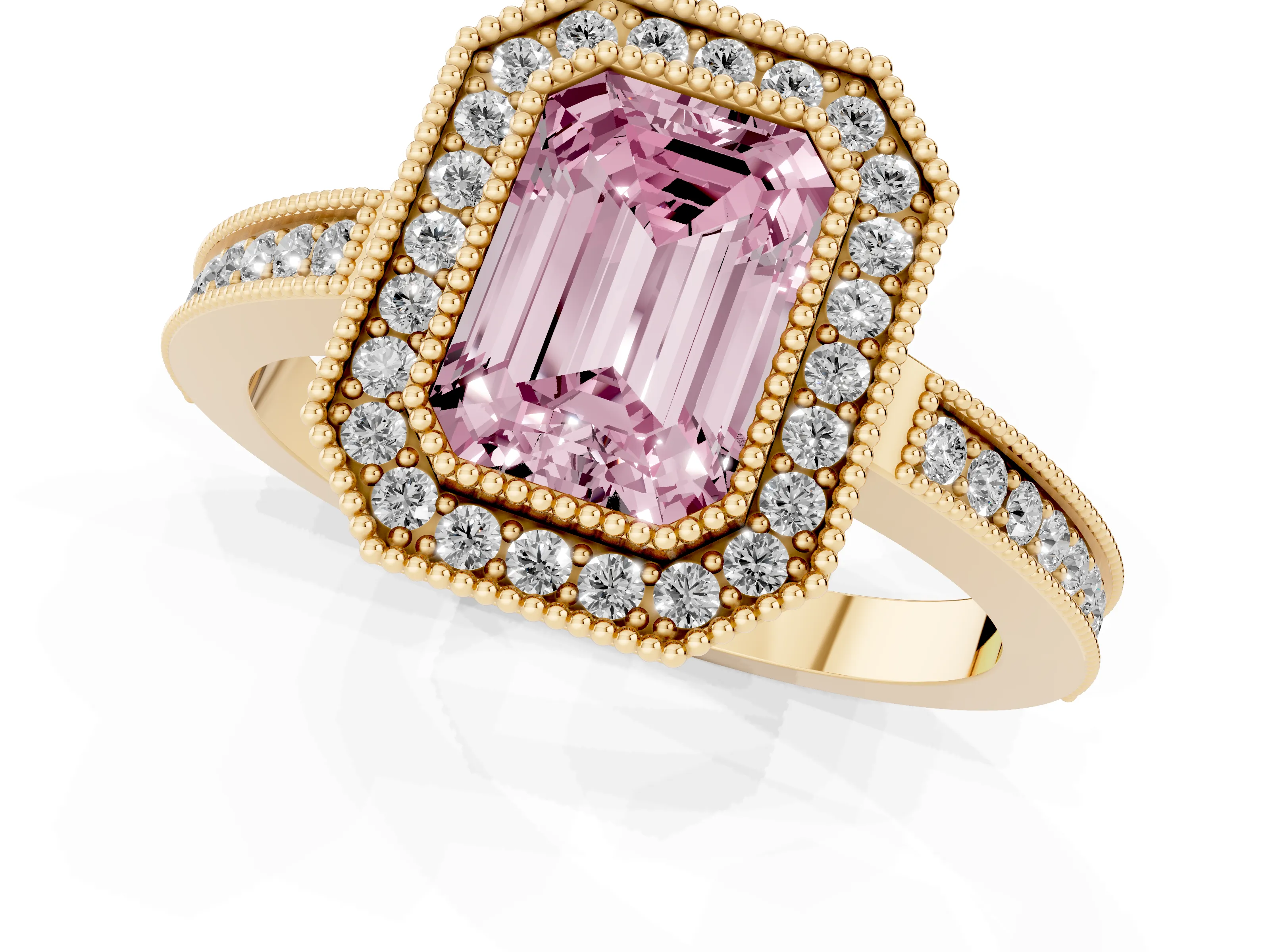 Fancy Pink Emerald Cut Diamond Halo Ring Set in Yellow gold with Pavé Band and Milgrain-Edged Prongs