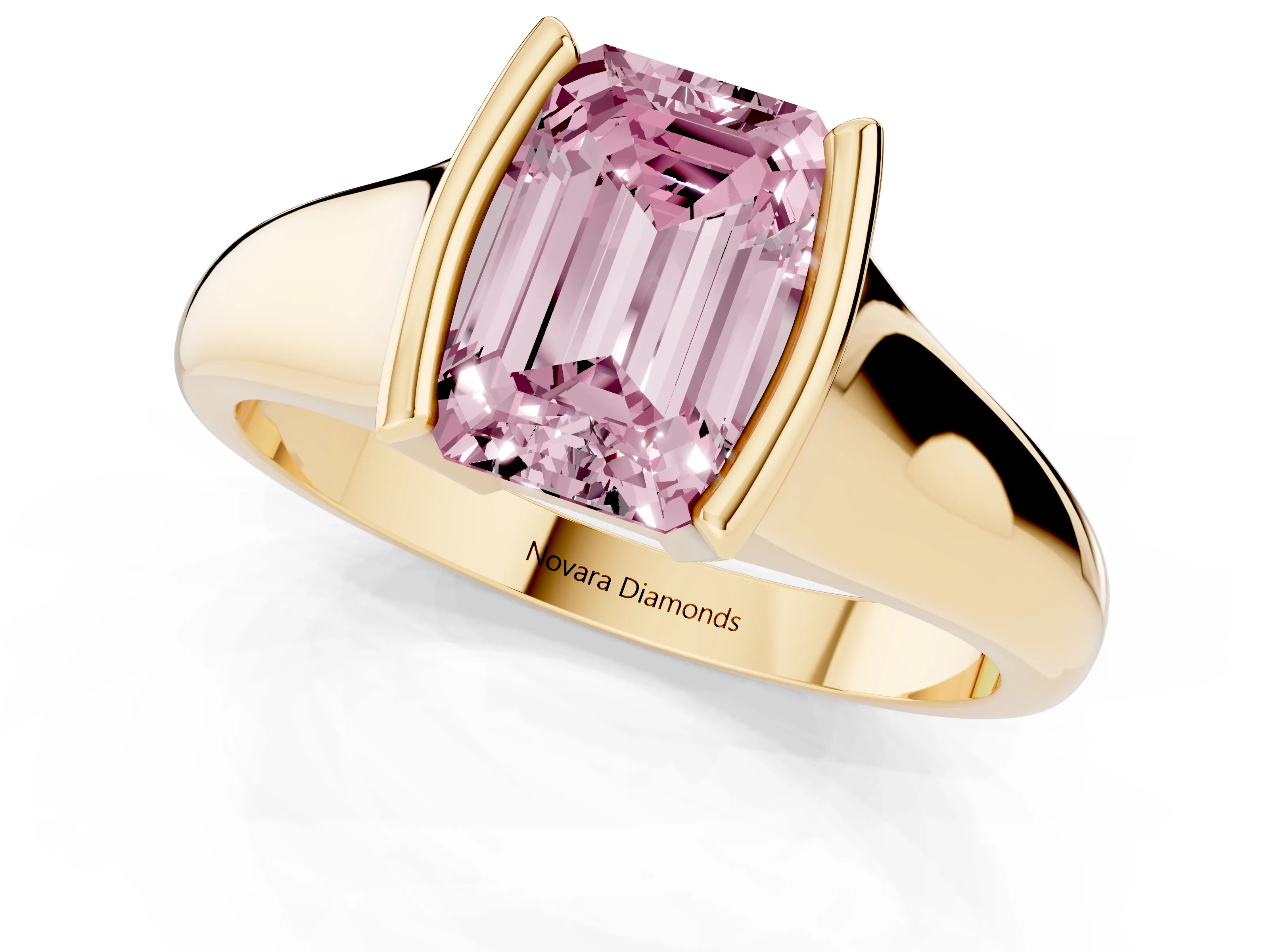 Fancy Pink Emerald Cut Diamond Solitaire Tension Set Ring Set in Yellow gold with Split Shank Band