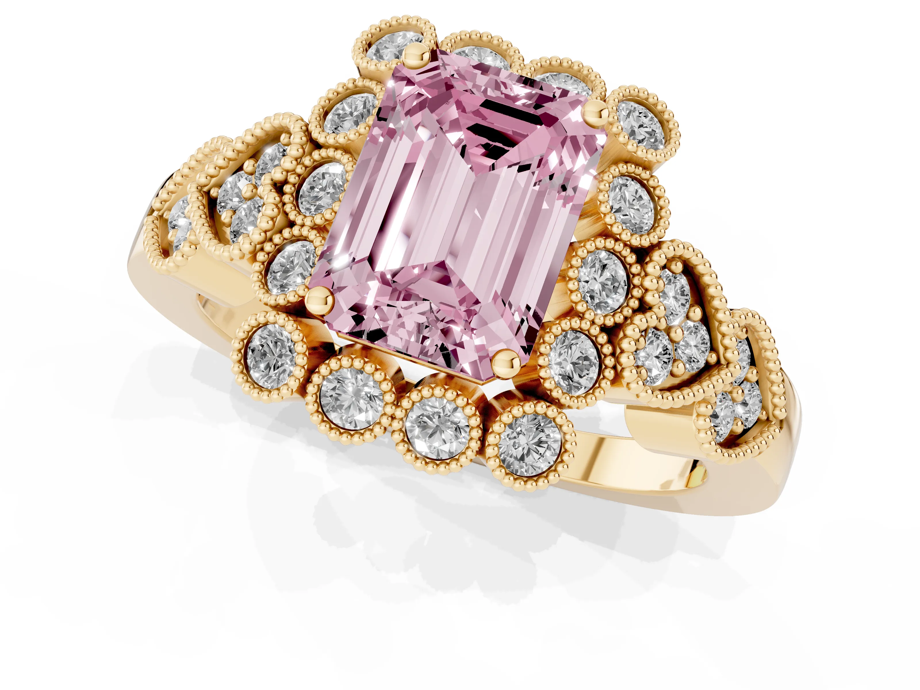 Fancy Pink Emerald Cut Diamond Solitaire Ring Set in Yellow gold with Milgrain Pavé Heart Band