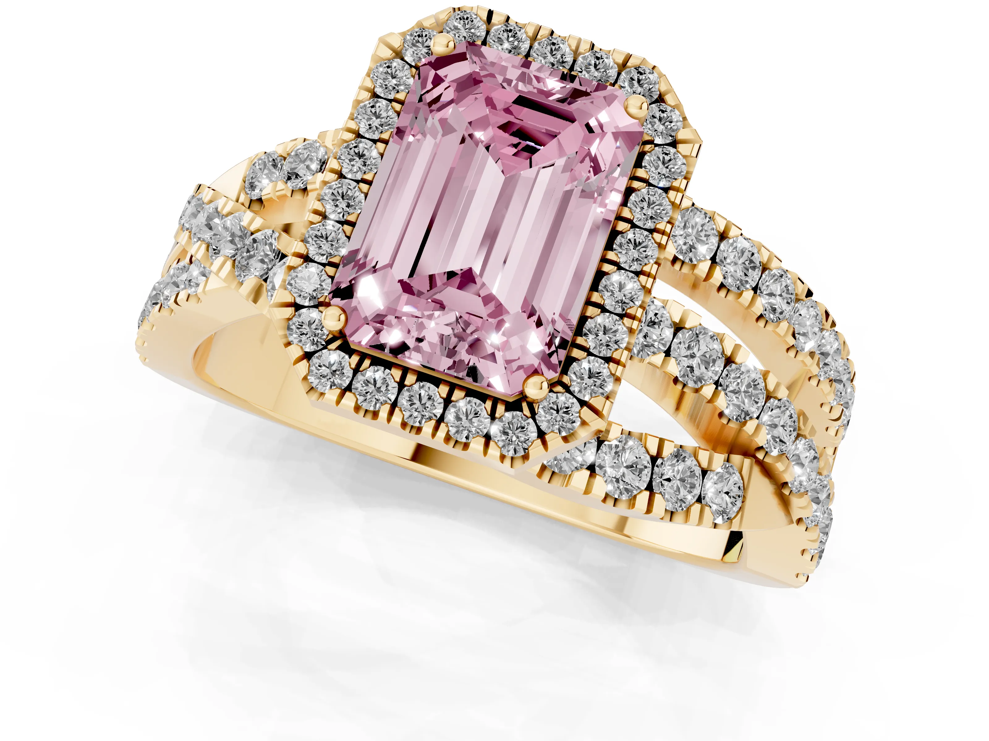 Fancy Pink Emerald Cut Diamond Halo Ring Set in Yellow gold with Round Crossover Split Shank and Prong Setting