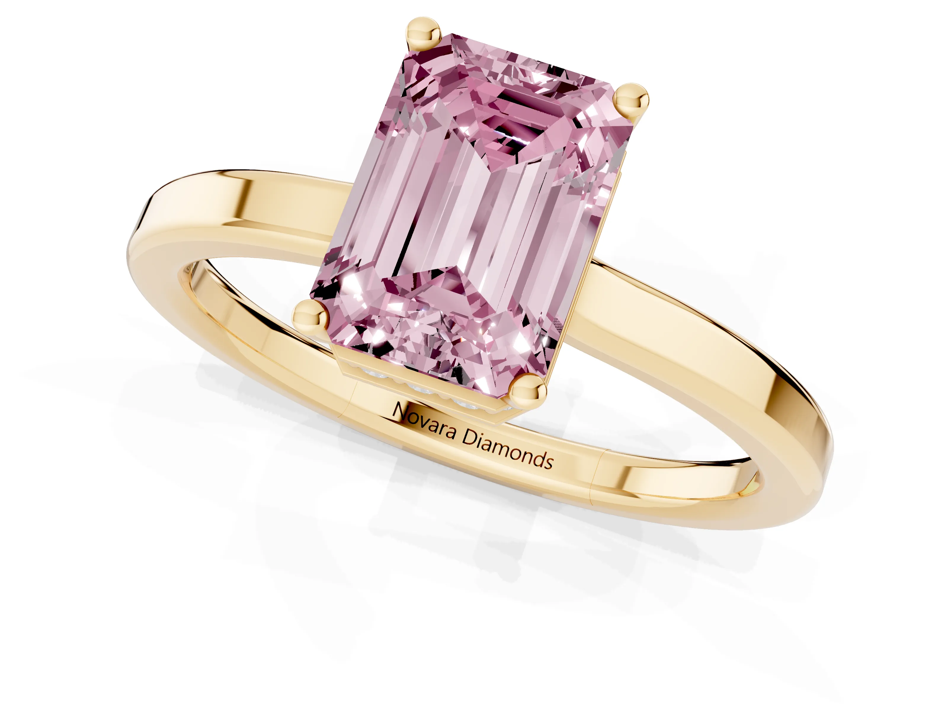 Fancy Pink Emerald Cut Diamond Solitaire Engagement Ring Set in Yellow gold with Prong Setting on a Plain Band